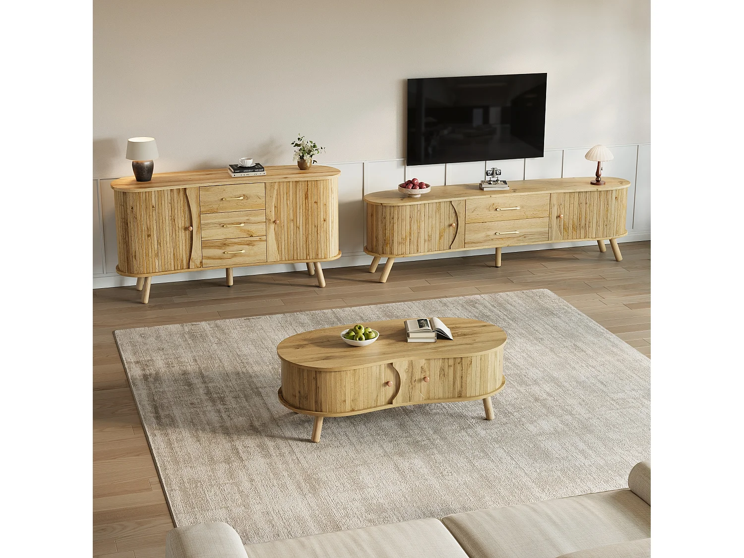 3-delige woonkamerset - salontafel + tv-meubel + dressoir - met deuren en lades - MDF - naturel