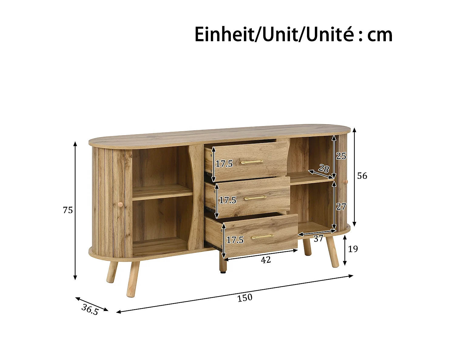 3-delige woonkamerset - salontafel + tv-meubel + dressoir - met deuren en lades - MDF - naturel