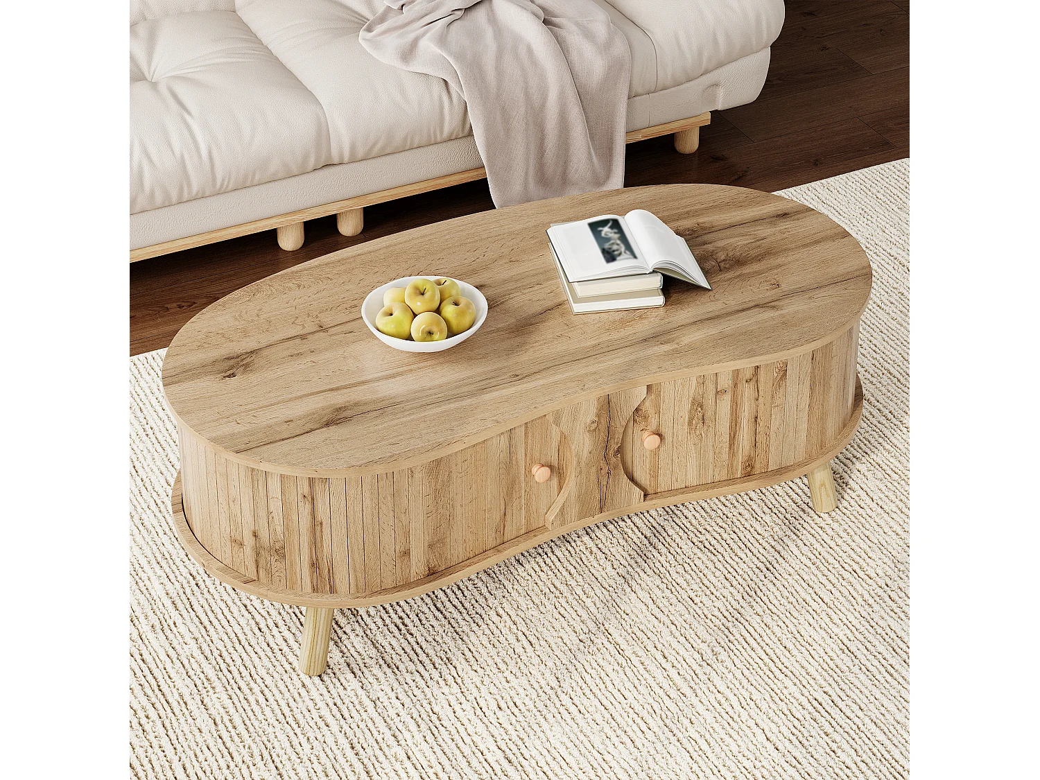 3-delige woonkamerset - salontafel + tv-meubel + dressoir - met deuren en lades - MDF - naturel