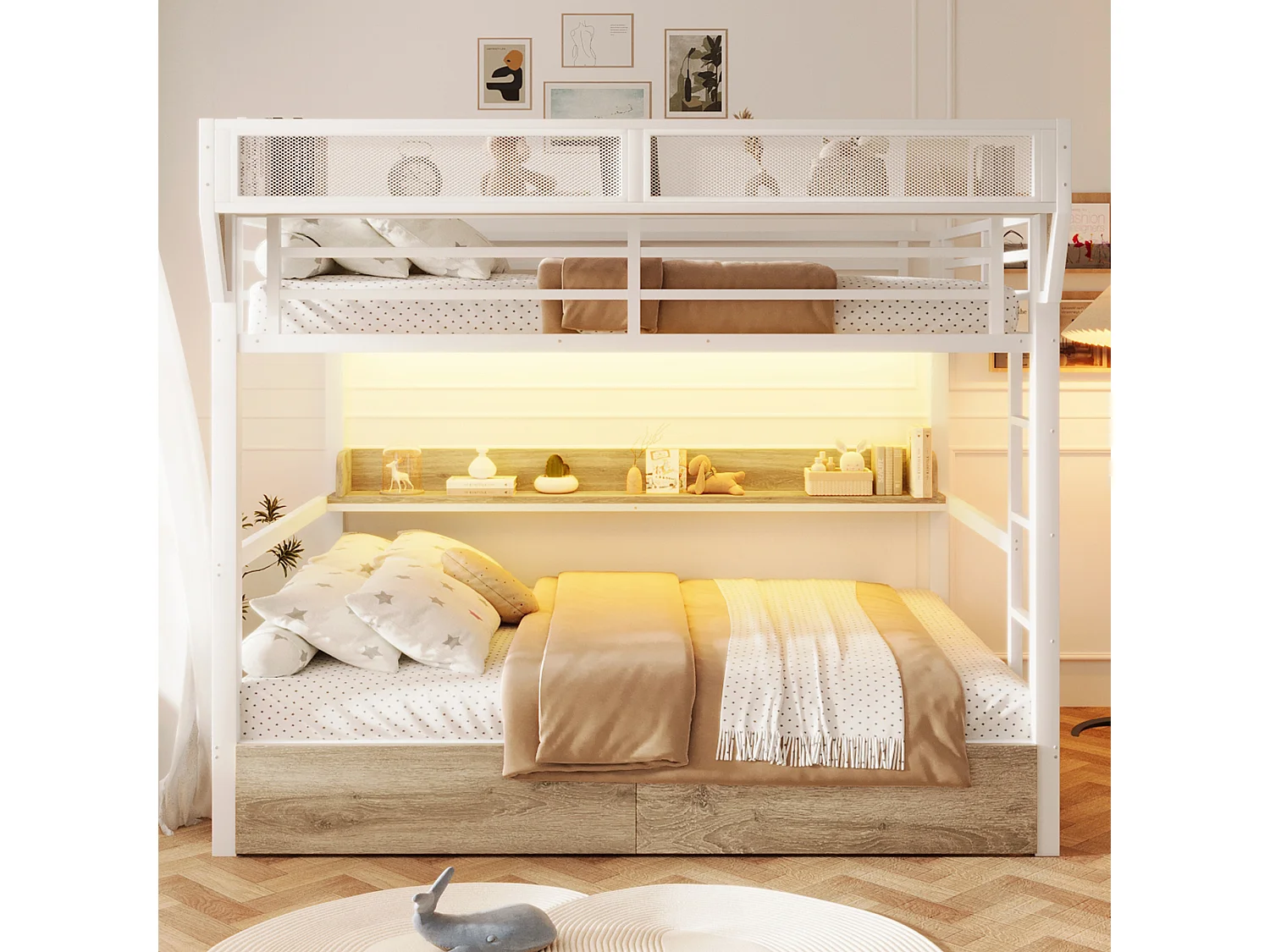 Lit superposé structure en fer - 2 x 140 x 200 cm - avec étagère + panier de rangement + 2 tiroirs + Leds - métal + MDF - blanc