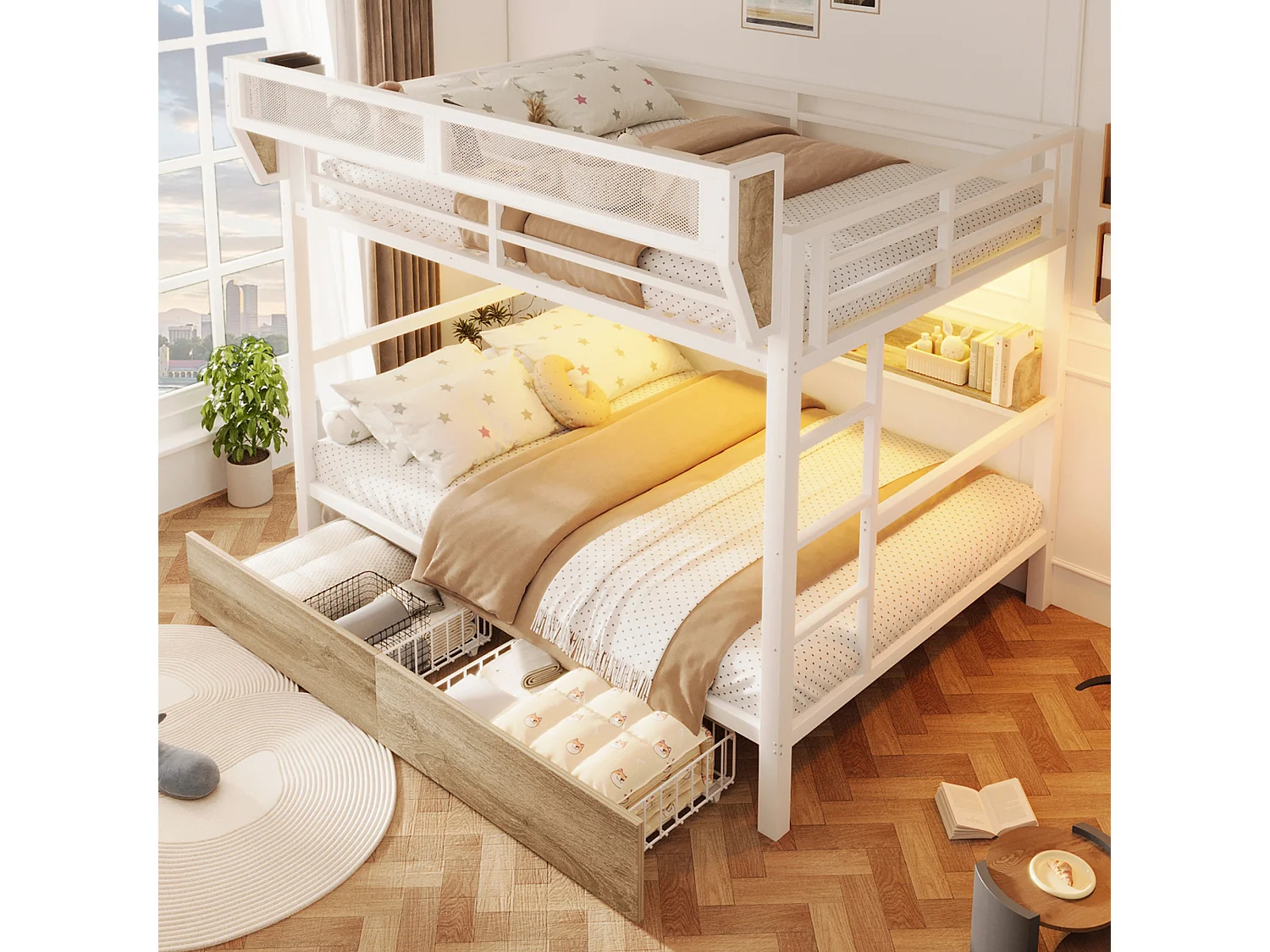 Lit superposé structure en fer - 2 x 140 x 200 cm - avec étagère + panier de rangement + 2 tiroirs + Leds - métal + MDF - blanc