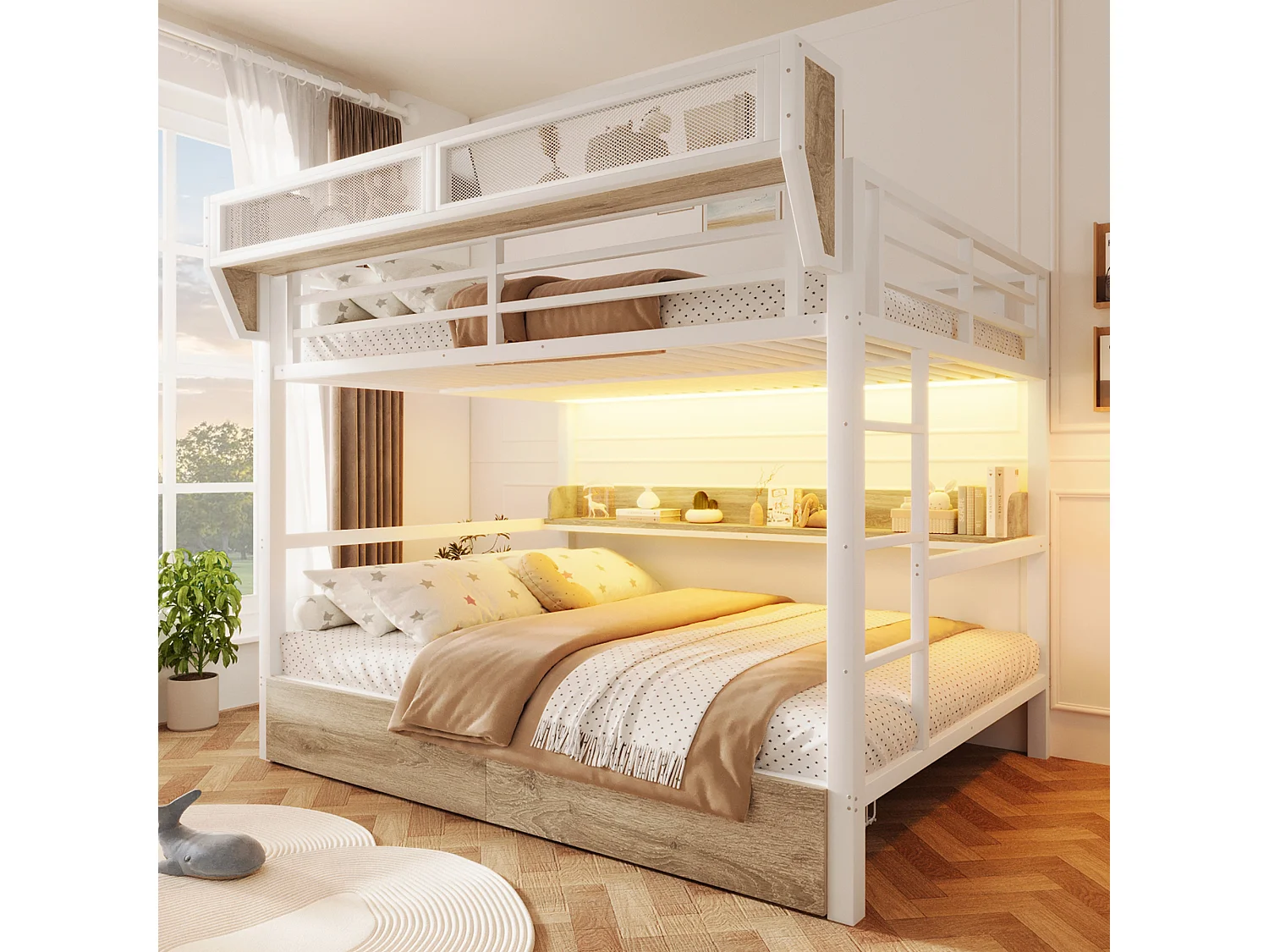 Lit superposé structure en fer - 2 x 140 x 200 cm - avec étagère + panier de rangement + 2 tiroirs + Leds - métal + MDF - blanc