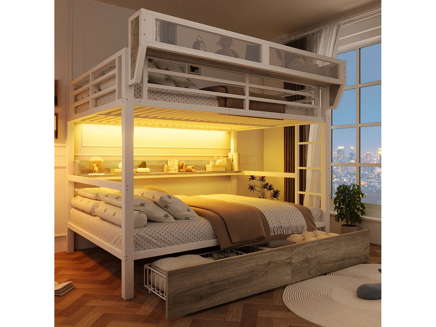 Lit superposé structure en fer - 2 x 140 x 200 cm - avec étagère + panier de rangement + 2 tiroirs + Leds - métal + MDF - blanc