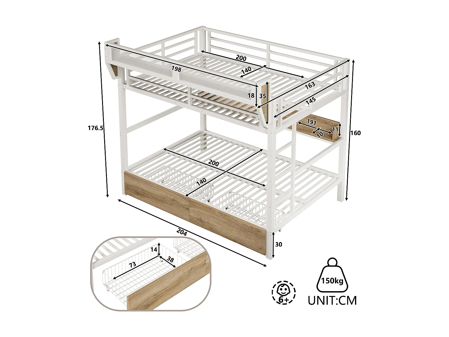 Lit superposé structure en fer - 2 x 140 x 200 cm - avec étagère + panier de rangement + 2 tiroirs + Leds - métal + MDF - blanc
