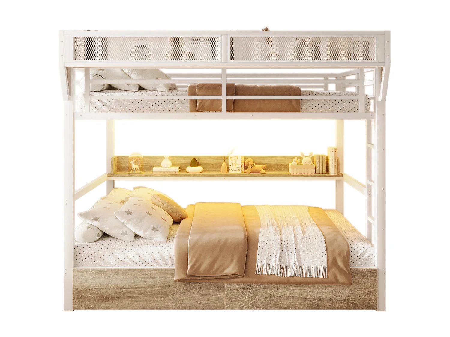 Lit superposé structure en fer - 2 x 140 x 200 cm - avec étagère + panier de rangement + 2 tiroirs + Leds - métal + MDF - blanc