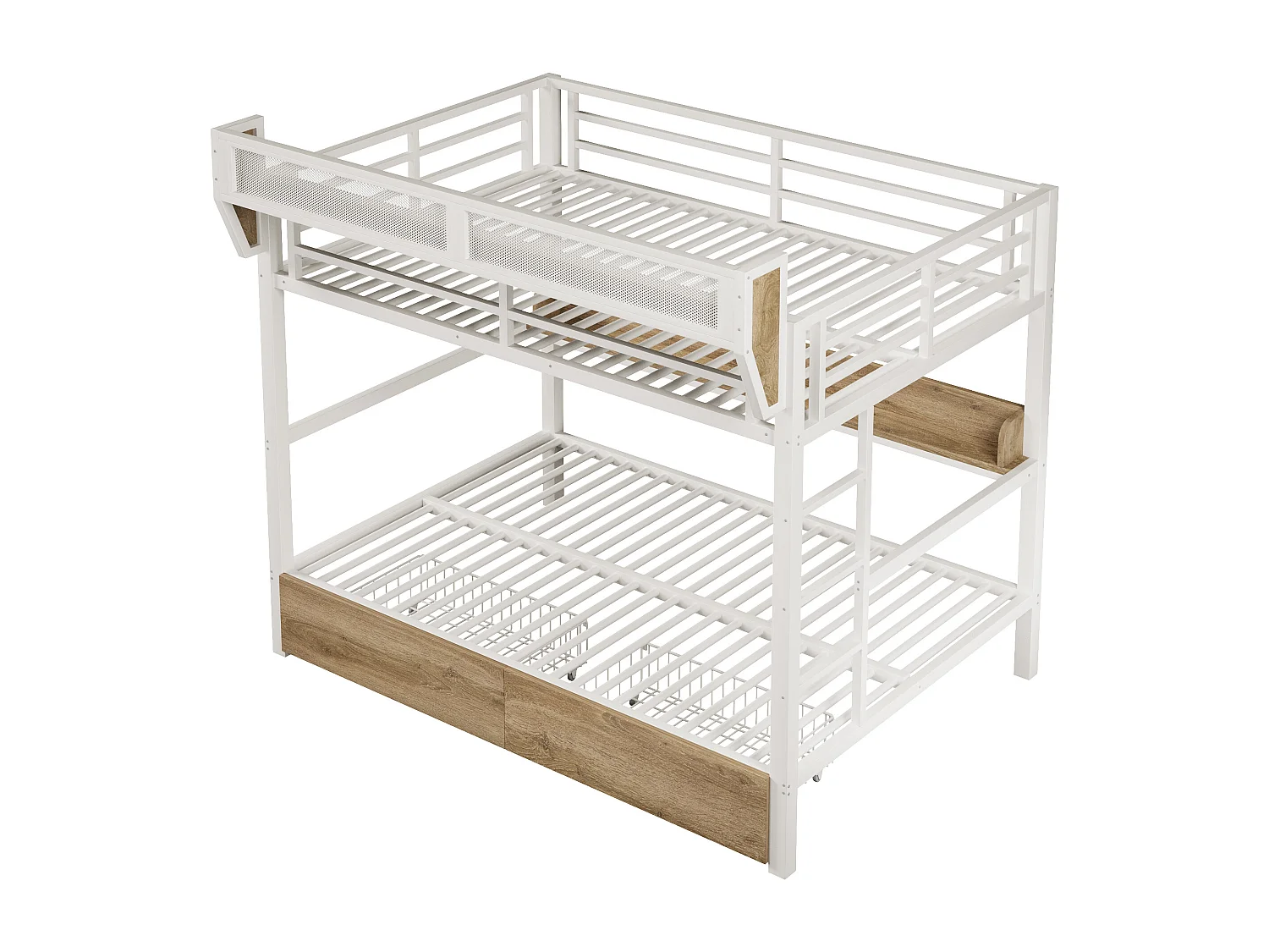 Lit superposé structure en fer - 2 x 140 x 200 cm - avec étagère + panier de rangement + 2 tiroirs + Leds - métal + MDF - blanc