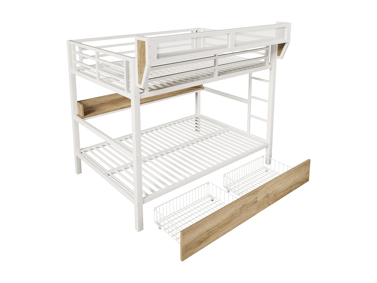 Lit superposé structure en fer - 2 x 140 x 200 cm - avec étagère + panier de rangement + 2 tiroirs + Leds - métal + MDF - blanc