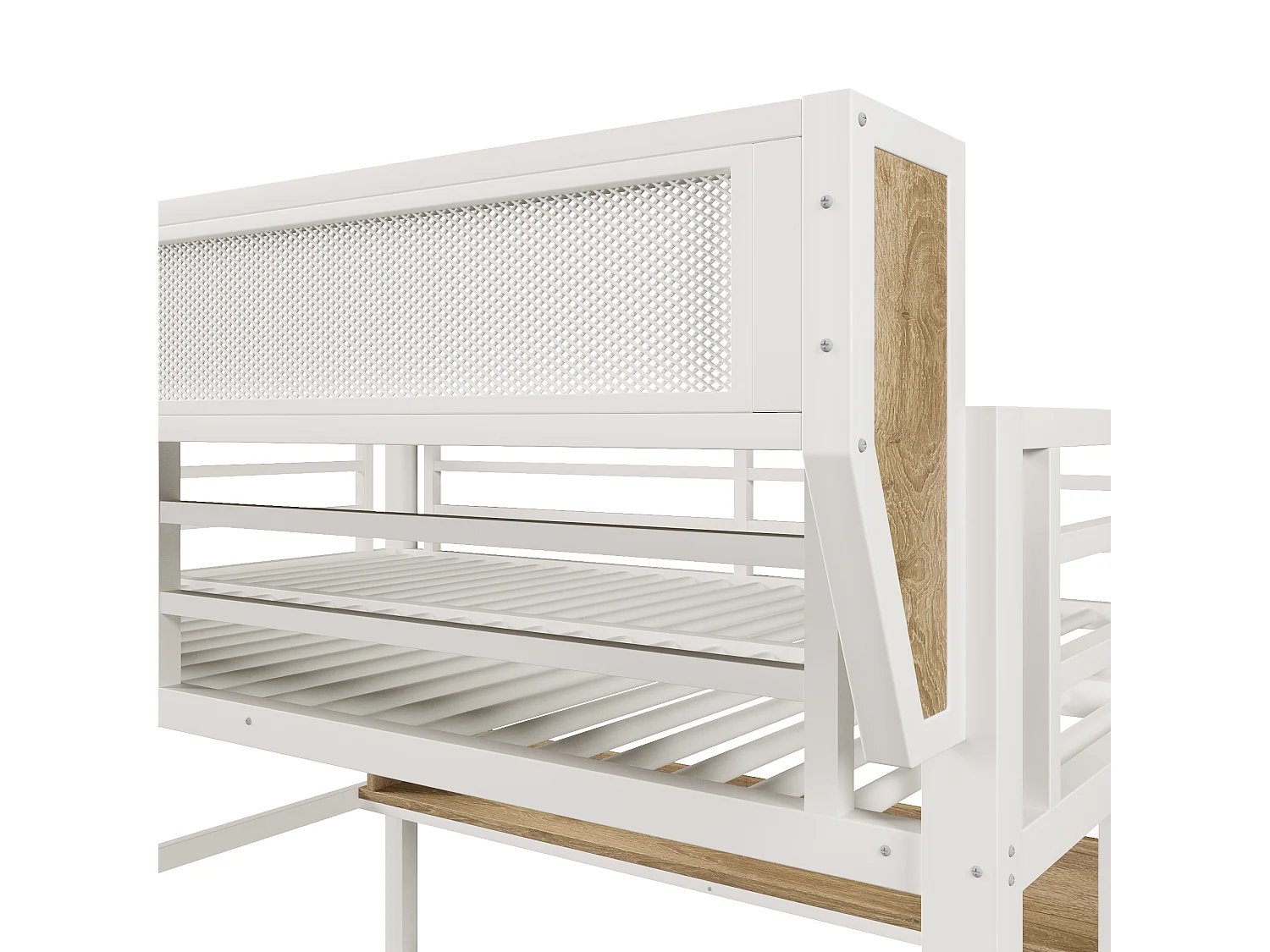 Lit superposé structure en fer - 2 x 140 x 200 cm - avec étagère + panier de rangement + 2 tiroirs + Leds - métal + MDF - blanc