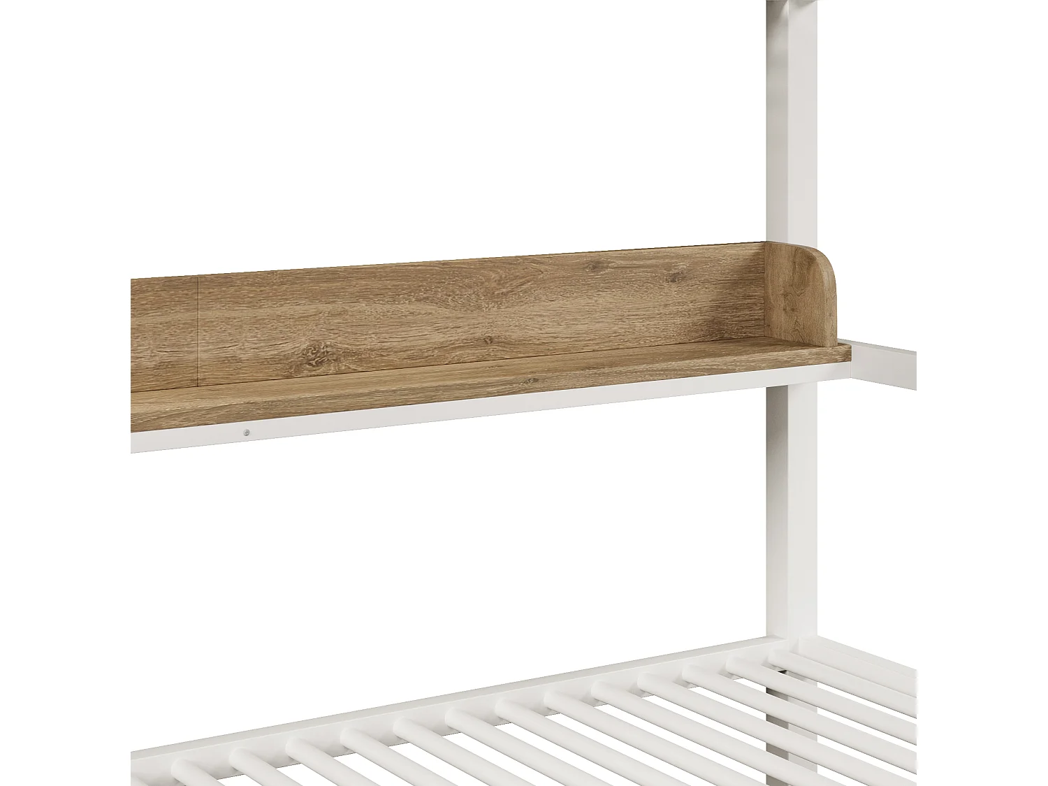 Lit superposé structure en fer - 2 x 140 x 200 cm - avec étagère + panier de rangement + 2 tiroirs + Leds - métal + MDF - blanc