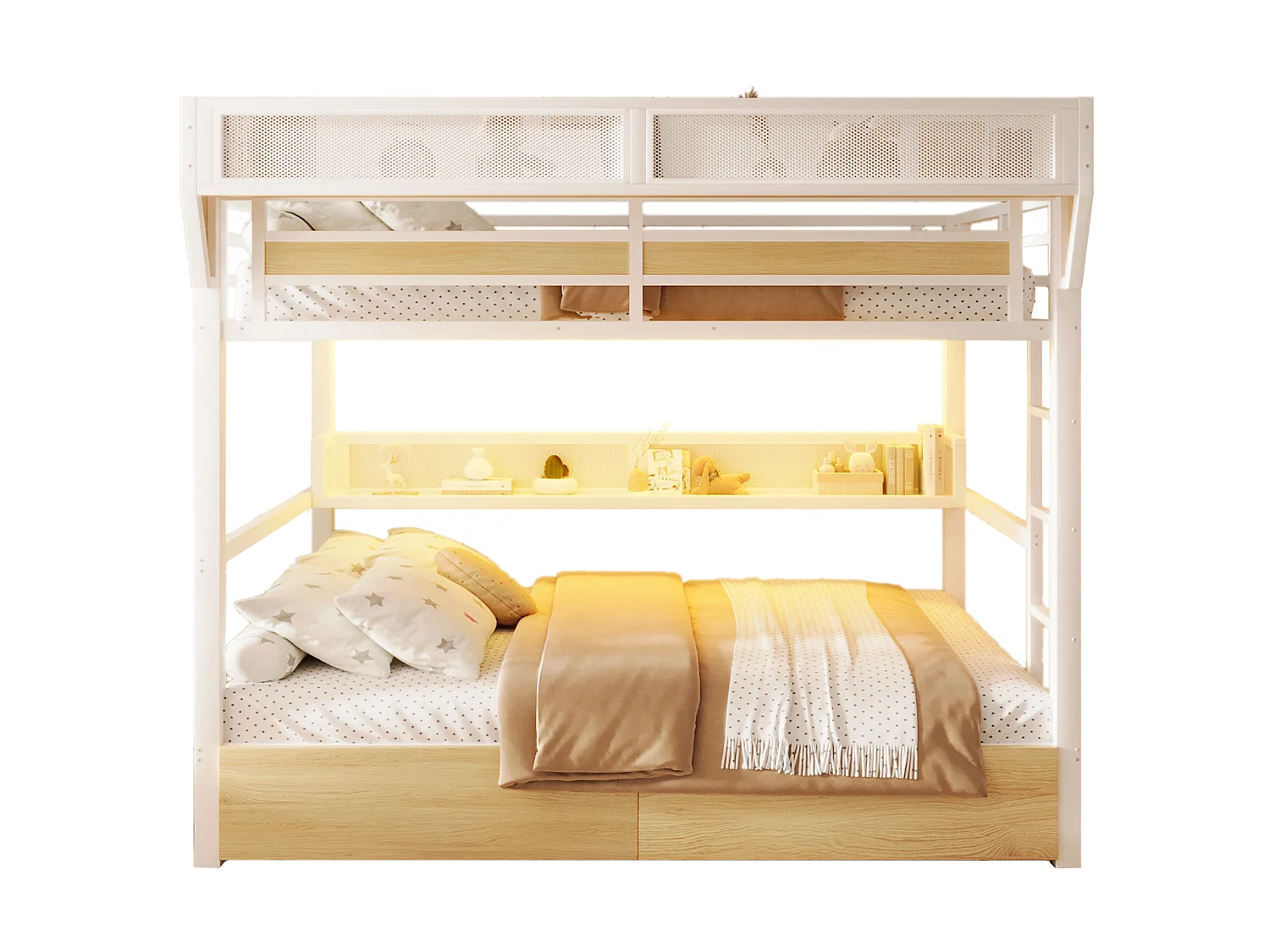 Køjeseng med jernstel – 2 x 140 x 200 cm – med hylde + opbevaringskurv + 2 skuffer + LED-lys – metal + MDF – hvid