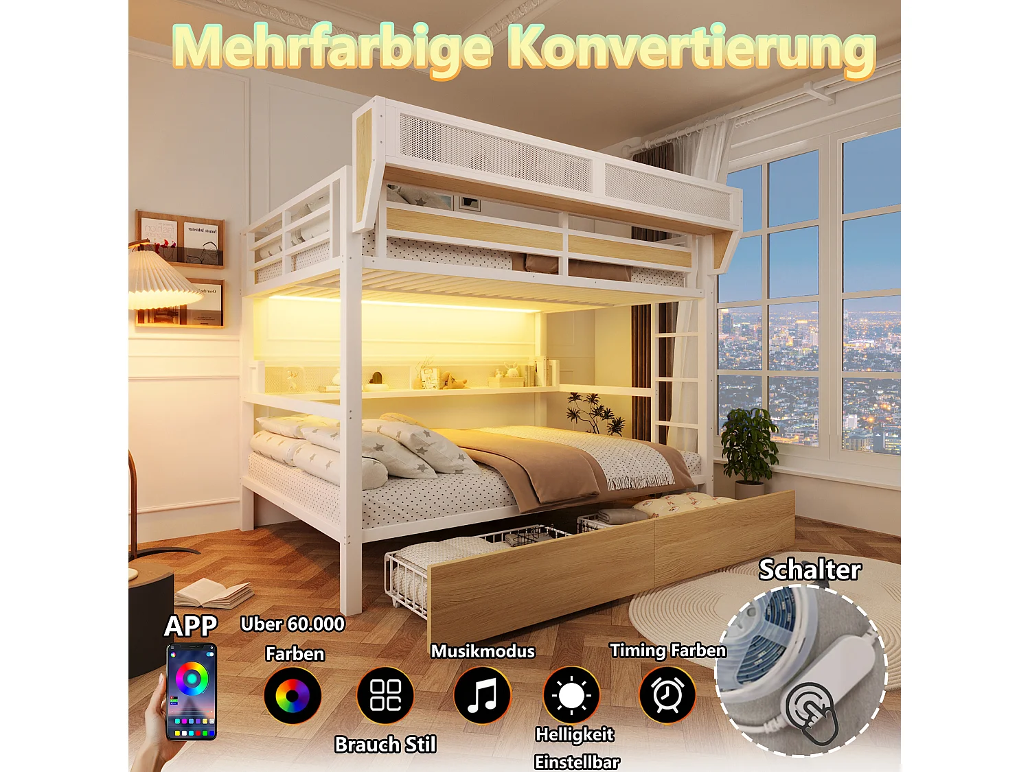 Køjeseng med jernstel – 2 x 140 x 200 cm – med hylde + opbevaringskurv + 2 skuffer + LED-lys – metal + MDF – hvid