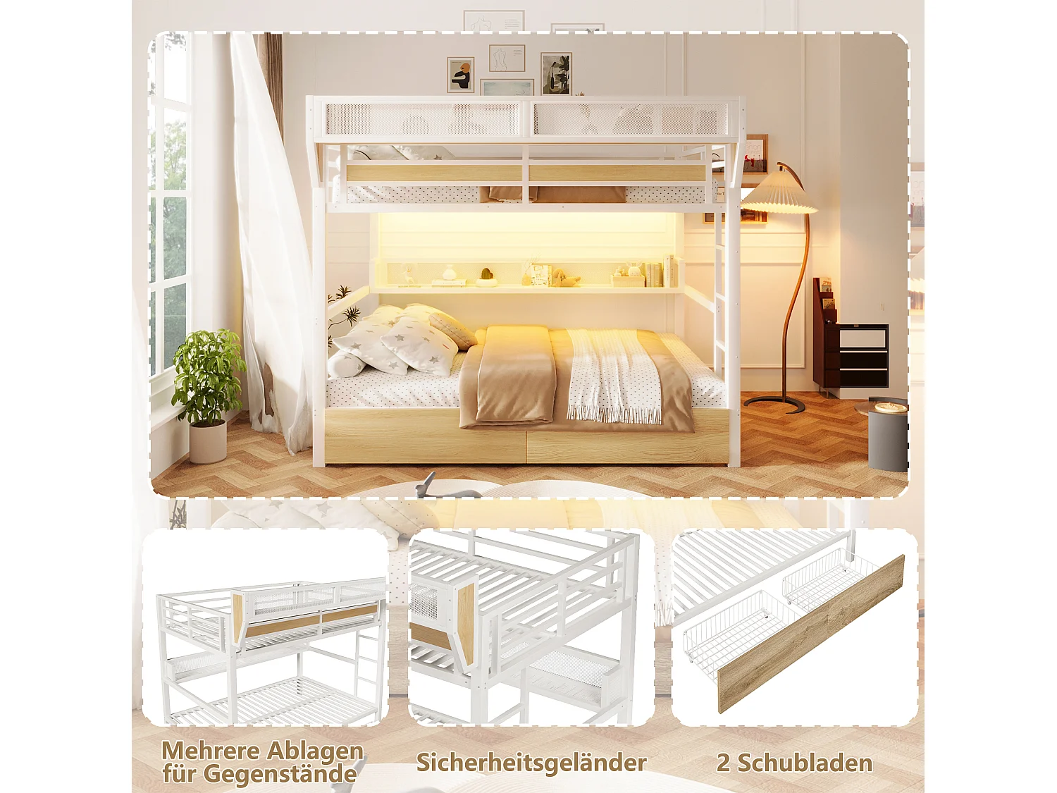 Køjeseng med jernstel – 2 x 140 x 200 cm – med hylde + opbevaringskurv + 2 skuffer + LED-lys – metal + MDF – hvid
