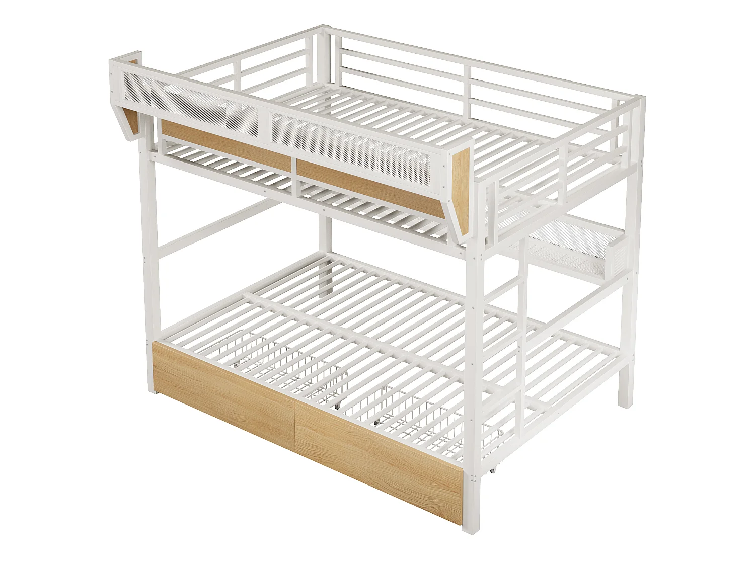 Køjeseng med jernstel – 2 x 140 x 200 cm – med hylde + opbevaringskurv + 2 skuffer + LED-lys – metal + MDF – hvid