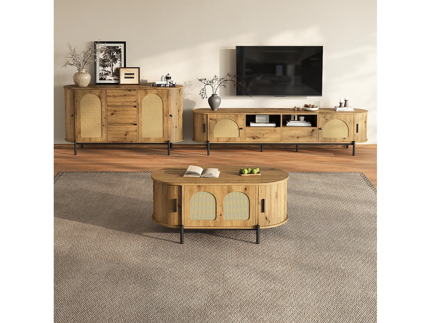 3-delige woonkamerset in rotanlook - salontafel + tv-meubel + dressoir - met deuren en lades - MDF - naturel