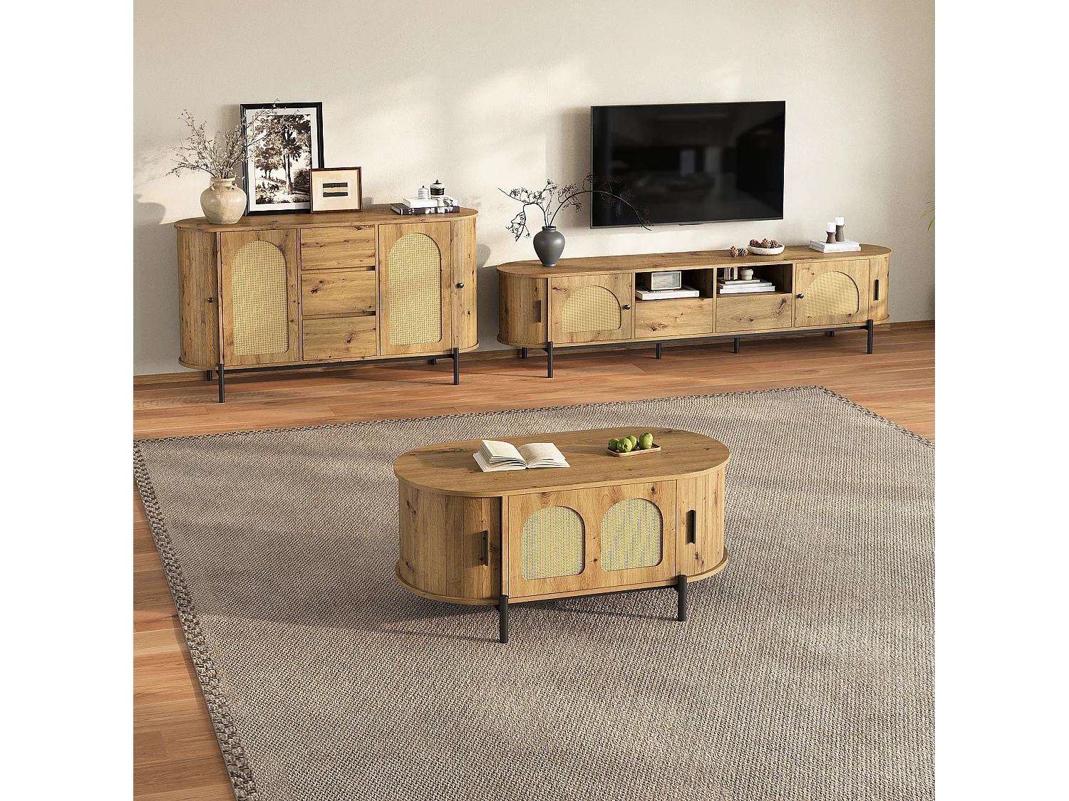 3-delige woonkamerset in rotanlook - salontafel + tv-meubel + dressoir - met deuren en lades - MDF - naturel