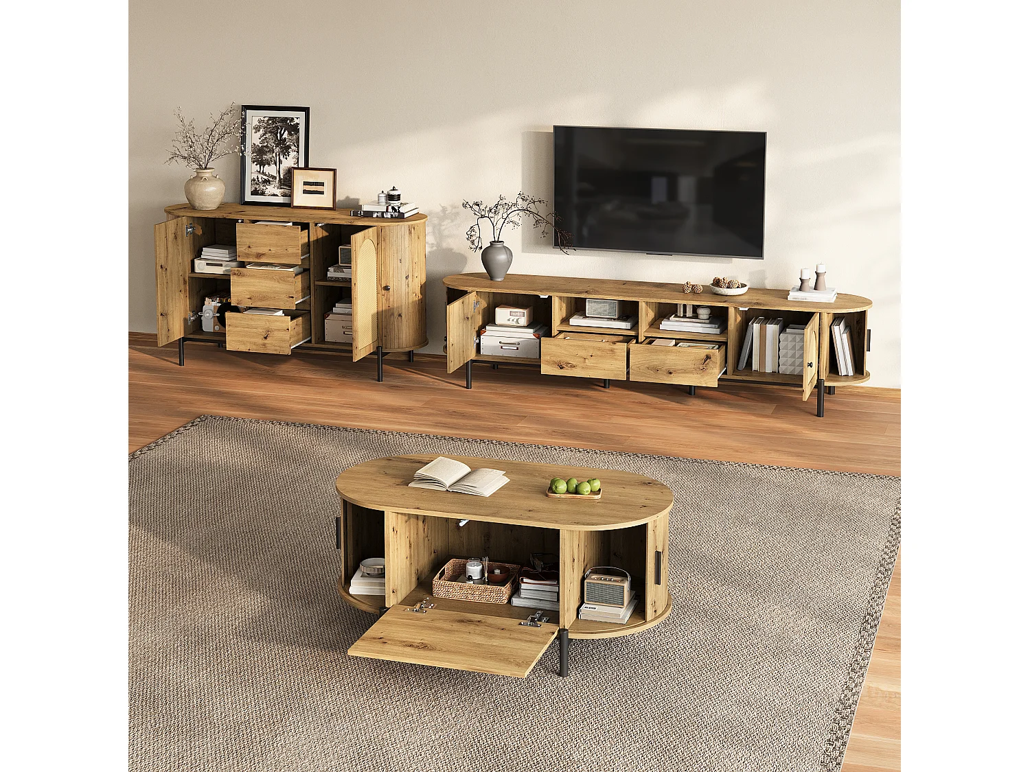 3-delige woonkamerset in rotanlook - salontafel + tv-meubel + dressoir - met deuren en lades - MDF - naturel