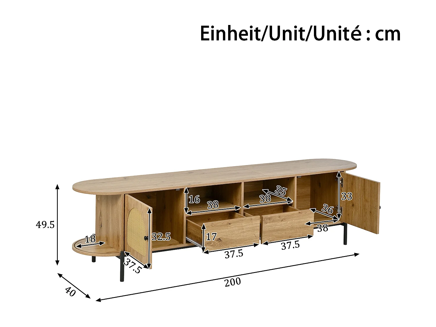 3-delige woonkamerset in rotanlook - salontafel + tv-meubel + dressoir - met deuren en lades - MDF - naturel