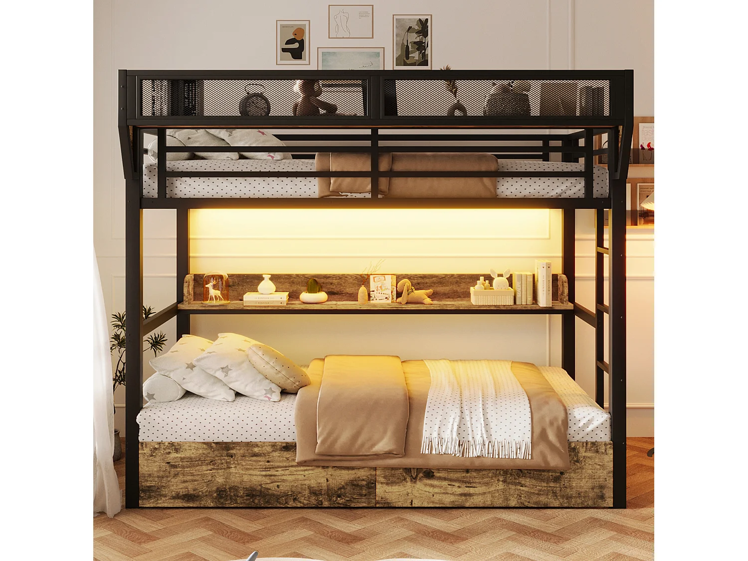 Lit superposé structure en fer - 2 x 90 x 200 cm - avec étagère + panier de rangement + 2 tiroirs + Leds - métal + MDF - noir