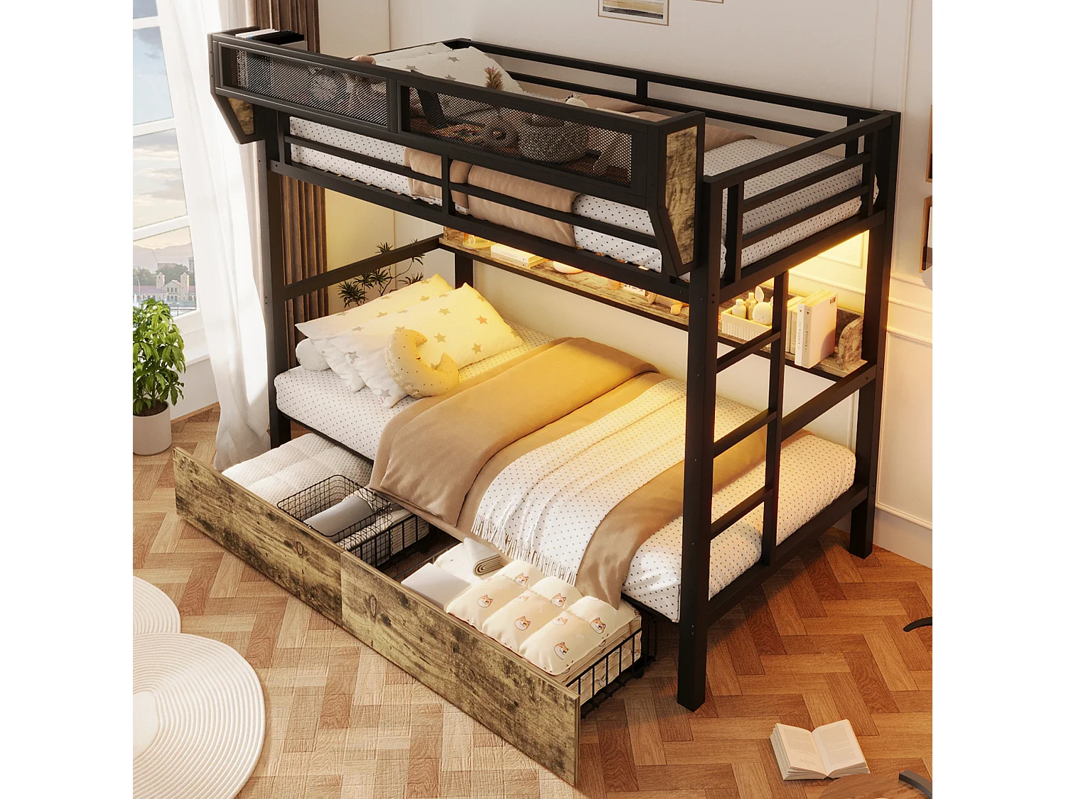 Lit superposé structure en fer - 2 x 90 x 200 cm - avec étagère + panier de rangement + 2 tiroirs + Leds - métal + MDF - noir