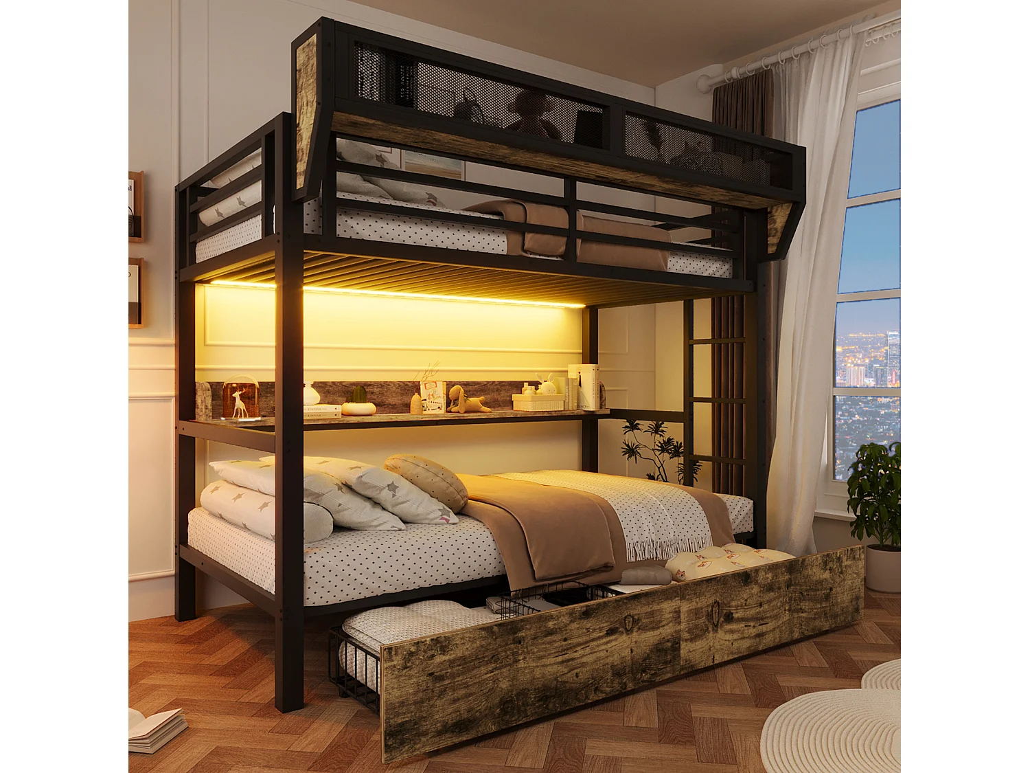 Lit superposé structure en fer - 2 x 90 x 200 cm - avec étagère + panier de rangement + 2 tiroirs + Leds - métal + MDF - noir