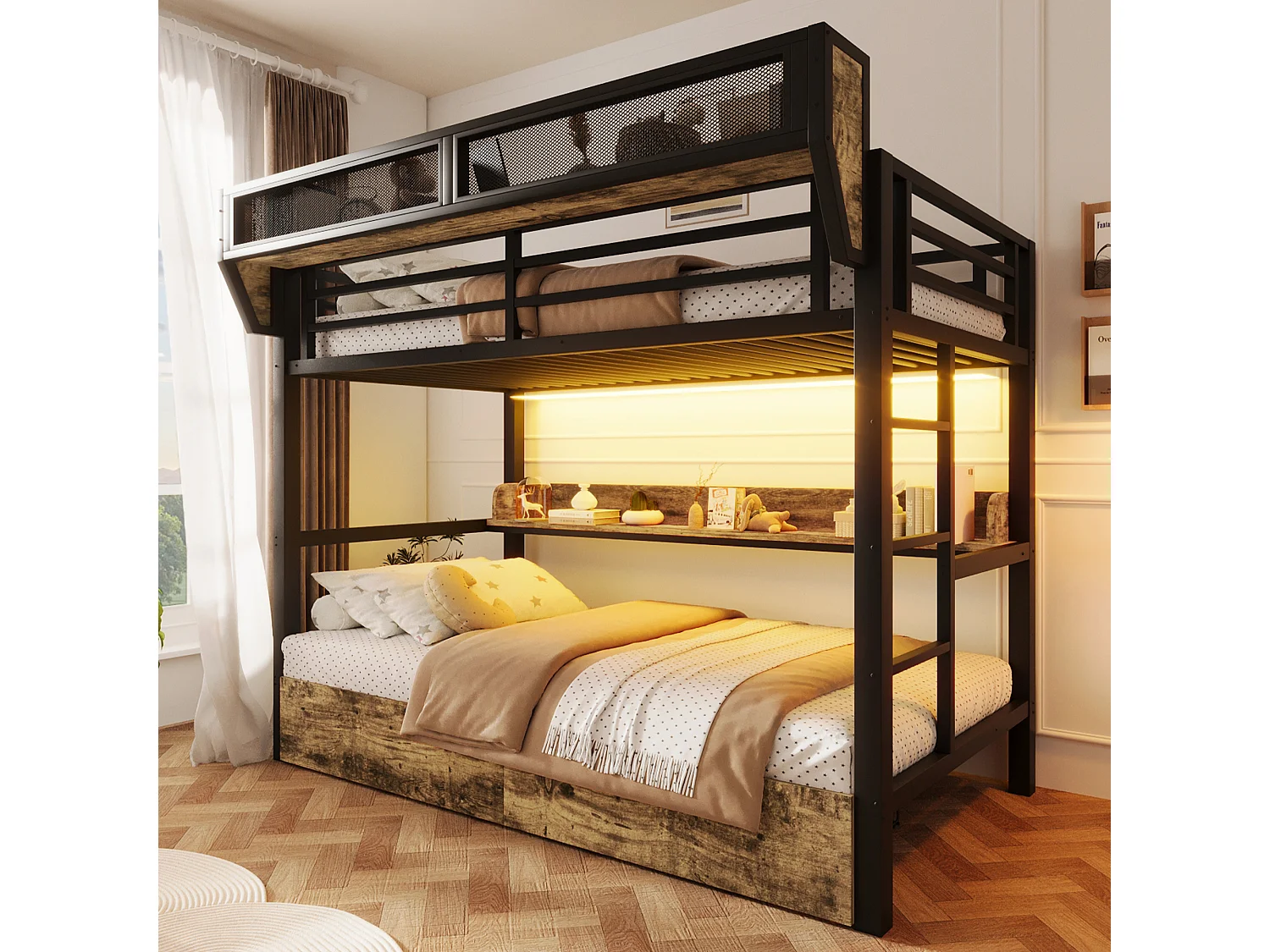 Lit superposé structure en fer - 2 x 90 x 200 cm - avec étagère + panier de rangement + 2 tiroirs + Leds - métal + MDF - noir