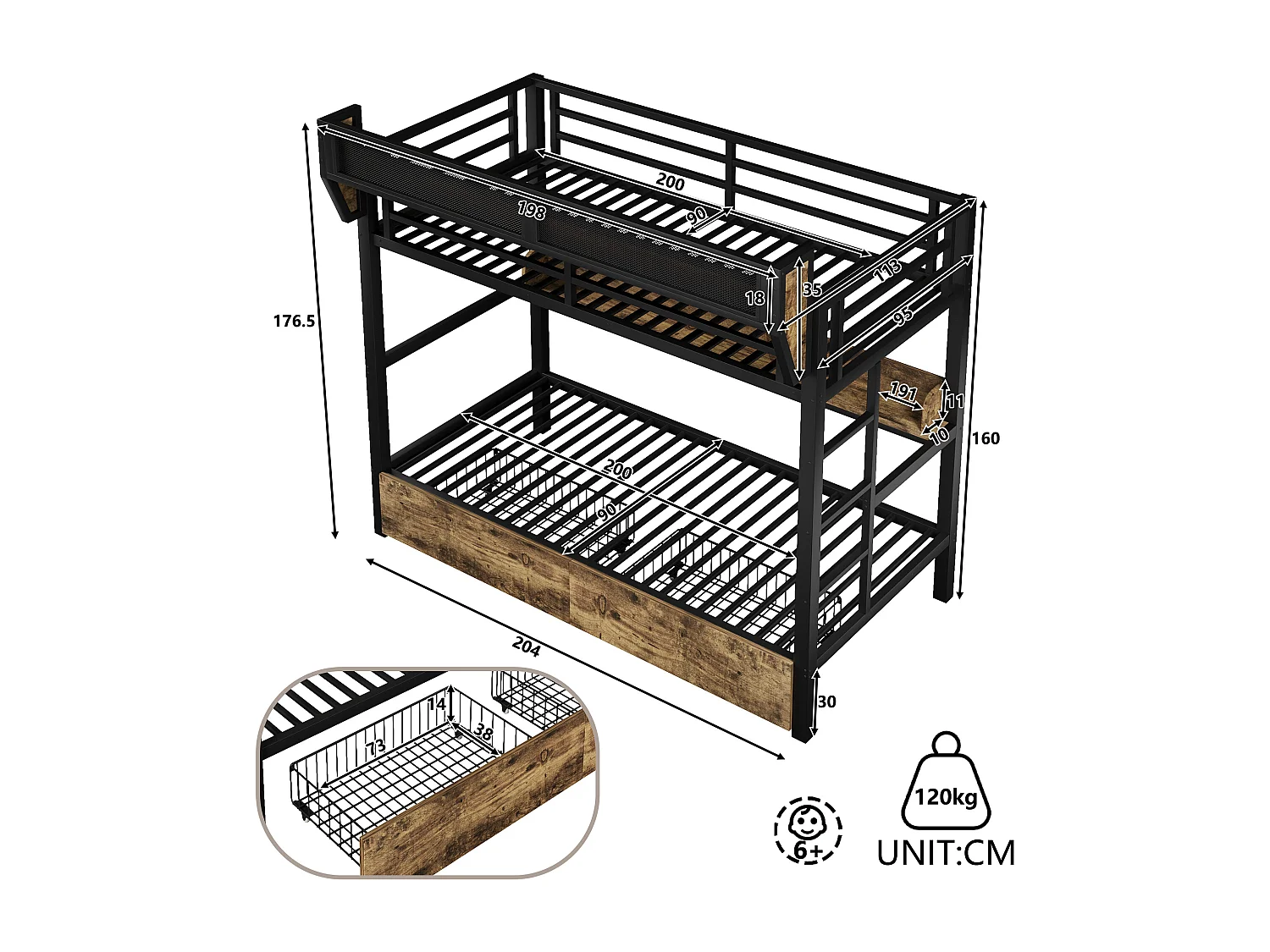 Lit superposé structure en fer - 2 x 90 x 200 cm - avec étagère + panier de rangement + 2 tiroirs + Leds - métal + MDF - noir