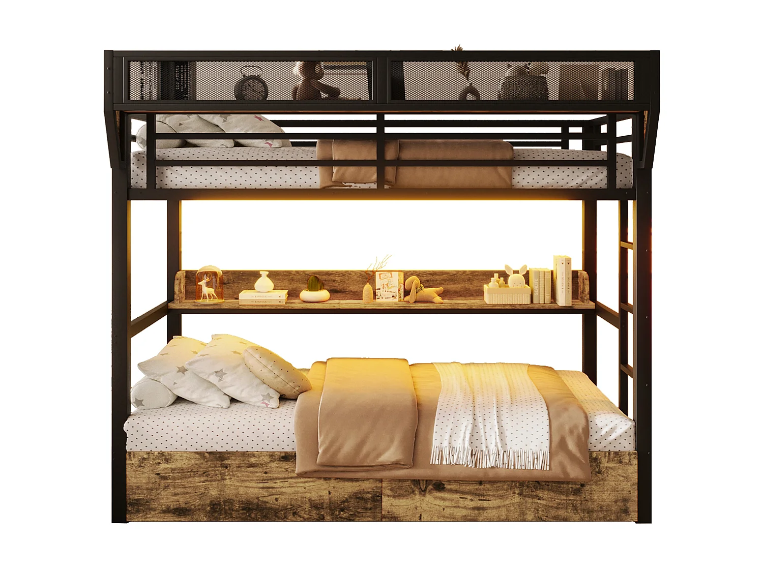 Lit superposé structure en fer - 2 x 90 x 200 cm - avec étagère + panier de rangement + 2 tiroirs + Leds - métal + MDF - noir