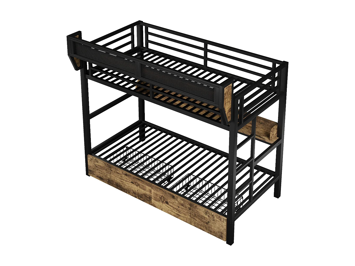 Lit superposé structure en fer - 2 x 90 x 200 cm - avec étagère + panier de rangement + 2 tiroirs + Leds - métal + MDF - noir