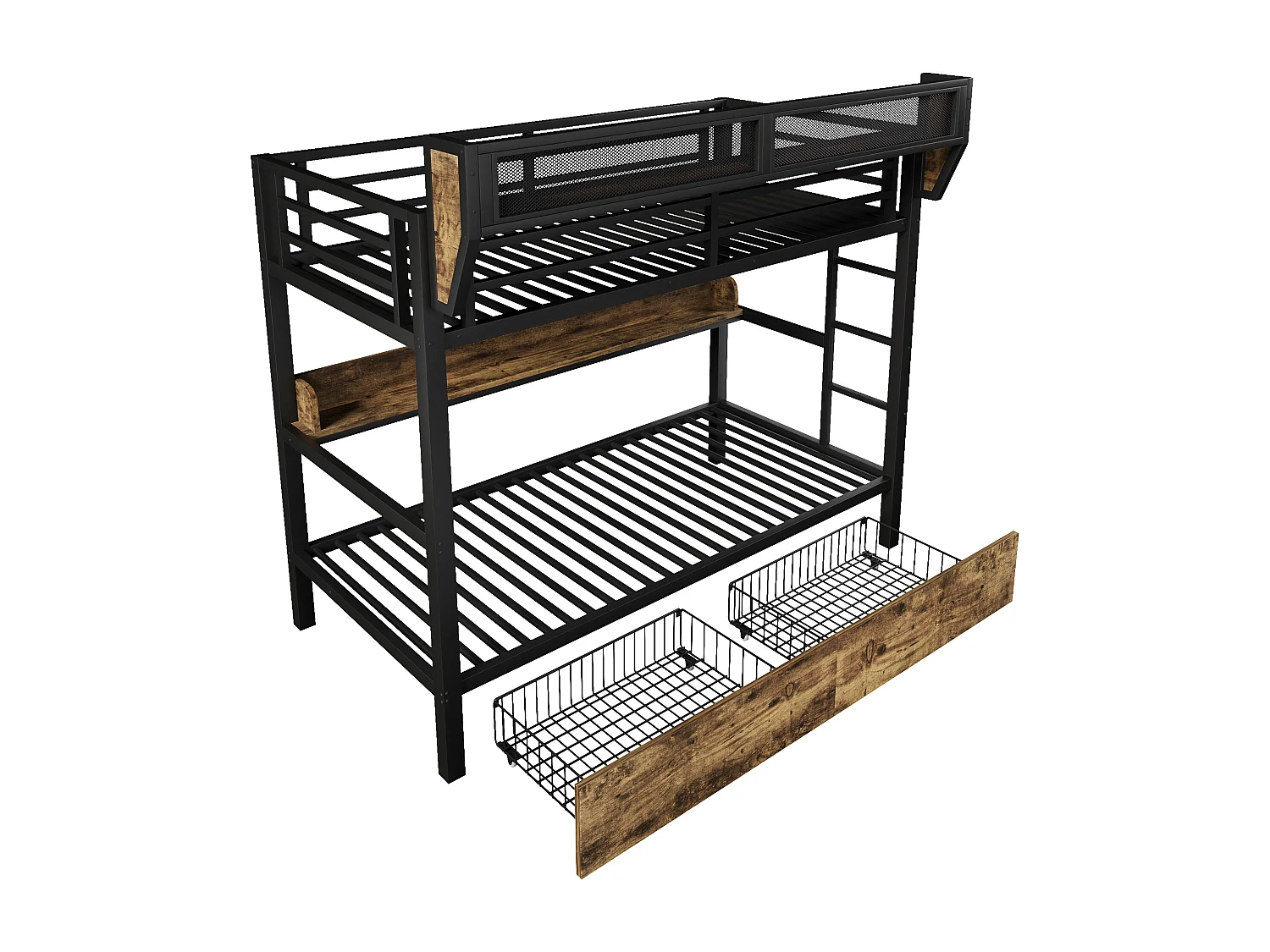 Lit superposé structure en fer - 2 x 90 x 200 cm - avec étagère + panier de rangement + 2 tiroirs + Leds - métal + MDF - noir