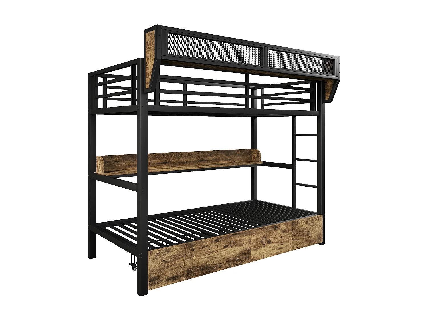 Lit superposé structure en fer - 2 x 90 x 200 cm - avec étagère + panier de rangement + 2 tiroirs + Leds - métal + MDF - noir