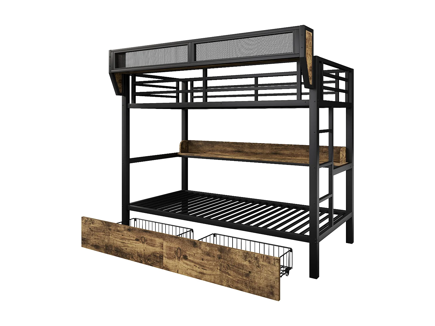 Lit superposé structure en fer - 2 x 90 x 200 cm - avec étagère + panier de rangement + 2 tiroirs + Leds - métal + MDF - noir