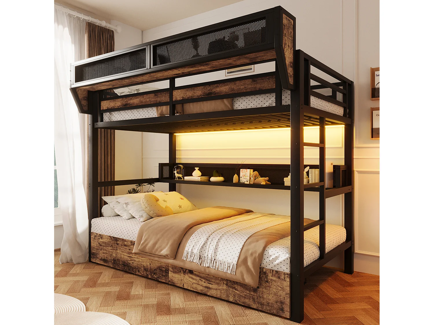 Køjeseng med jernstel – 2 x 90 x 200 cm – med hylde + opbevaringskurv + 2 skuffer + LED-lys – metal + MDF – sort