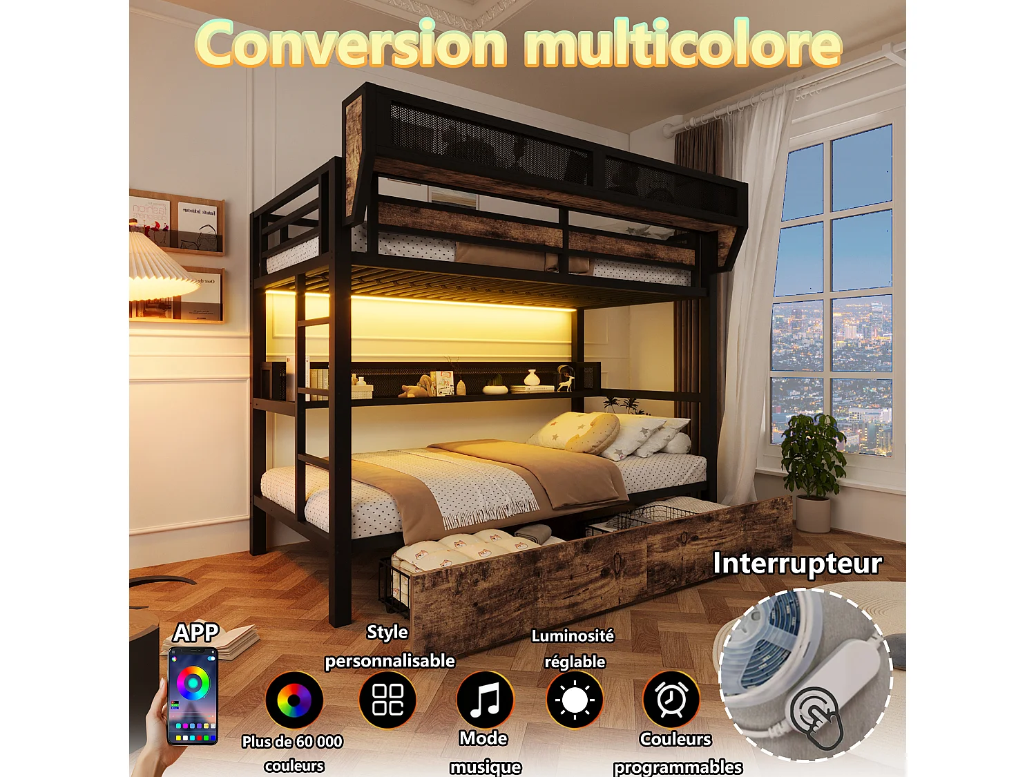 Køjeseng med jernstel – 2 x 90 x 200 cm – med hylde + opbevaringskurv + 2 skuffer + LED-lys – metal + MDF – sort