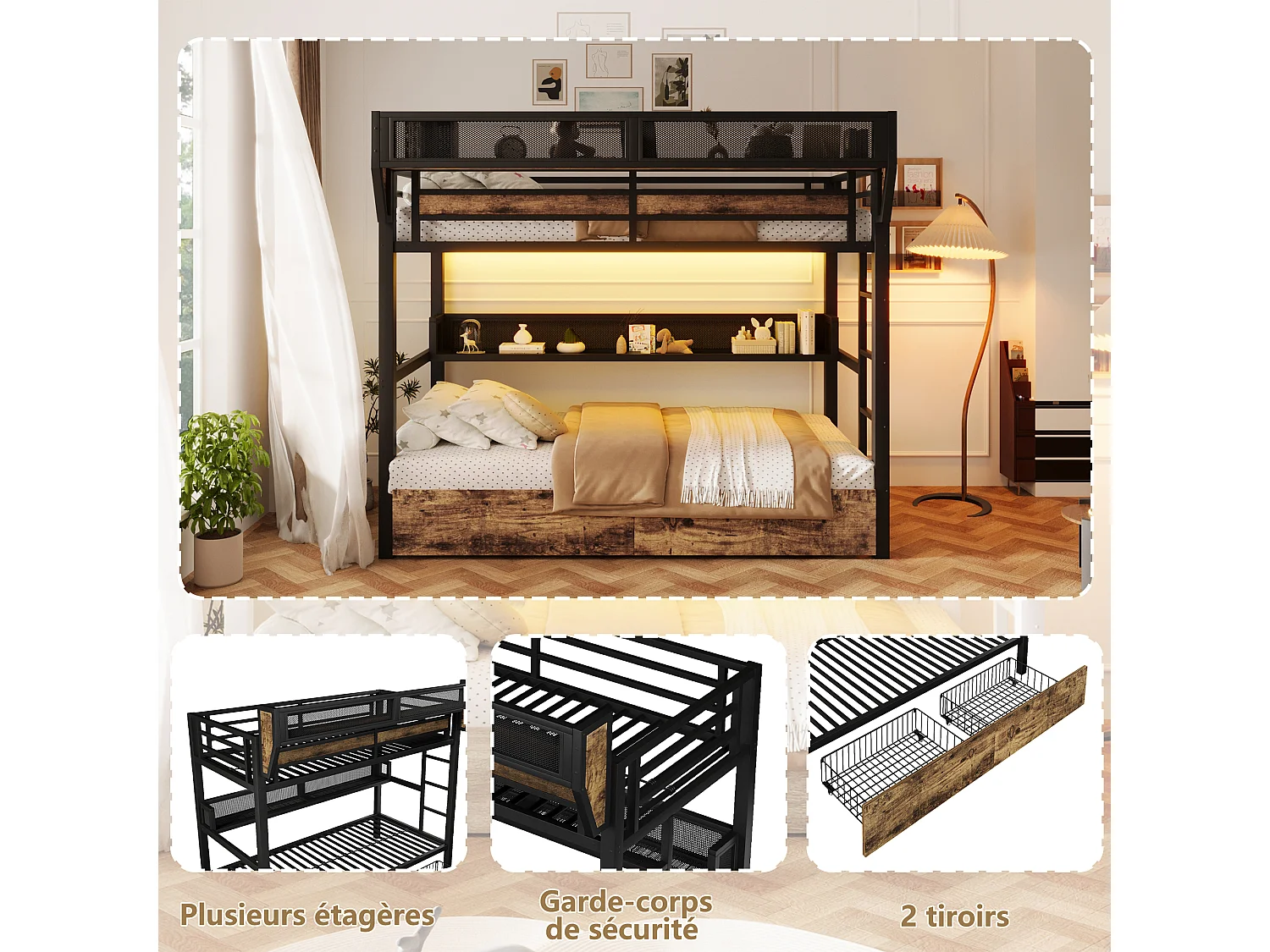 Køjeseng med jernstel – 2 x 90 x 200 cm – med hylde + opbevaringskurv + 2 skuffer + LED-lys – metal + MDF – sort