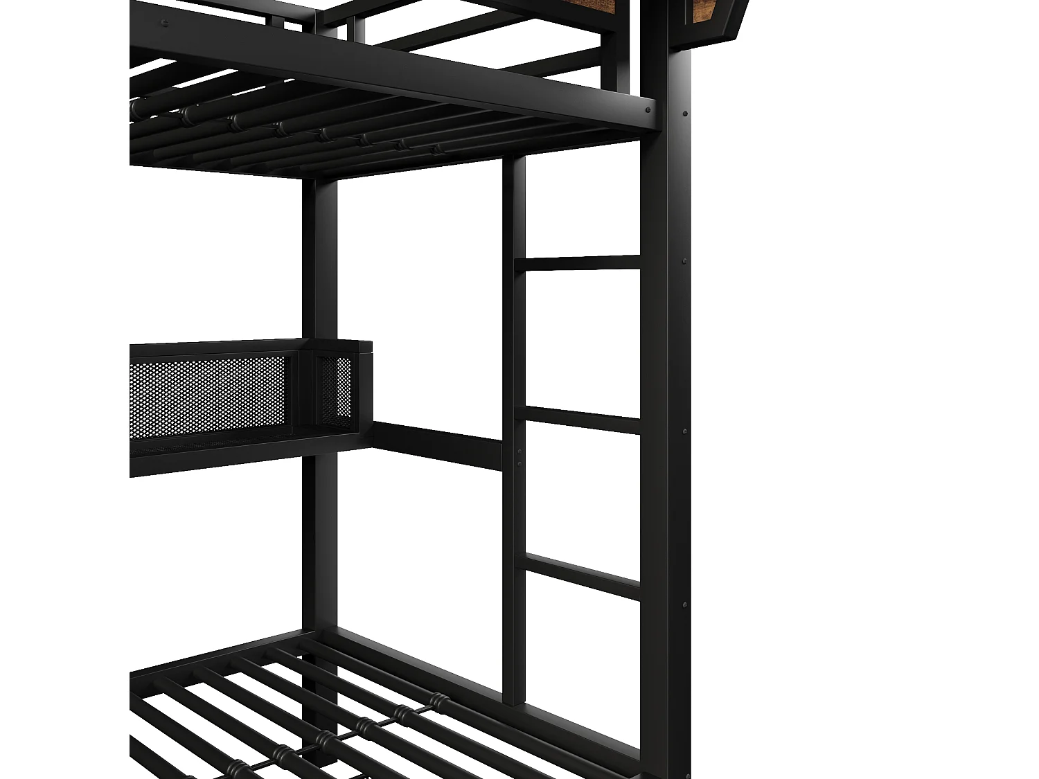 Køjeseng med jernstel – 2 x 90 x 200 cm – med hylde + opbevaringskurv + 2 skuffer + LED-lys – metal + MDF – sort
