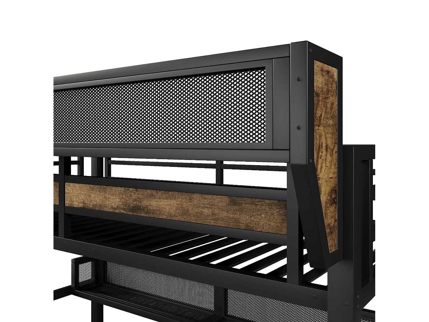 Køjeseng med jernstel – 2 x 90 x 200 cm – med hylde + opbevaringskurv + 2 skuffer + LED-lys – metal + MDF – sort