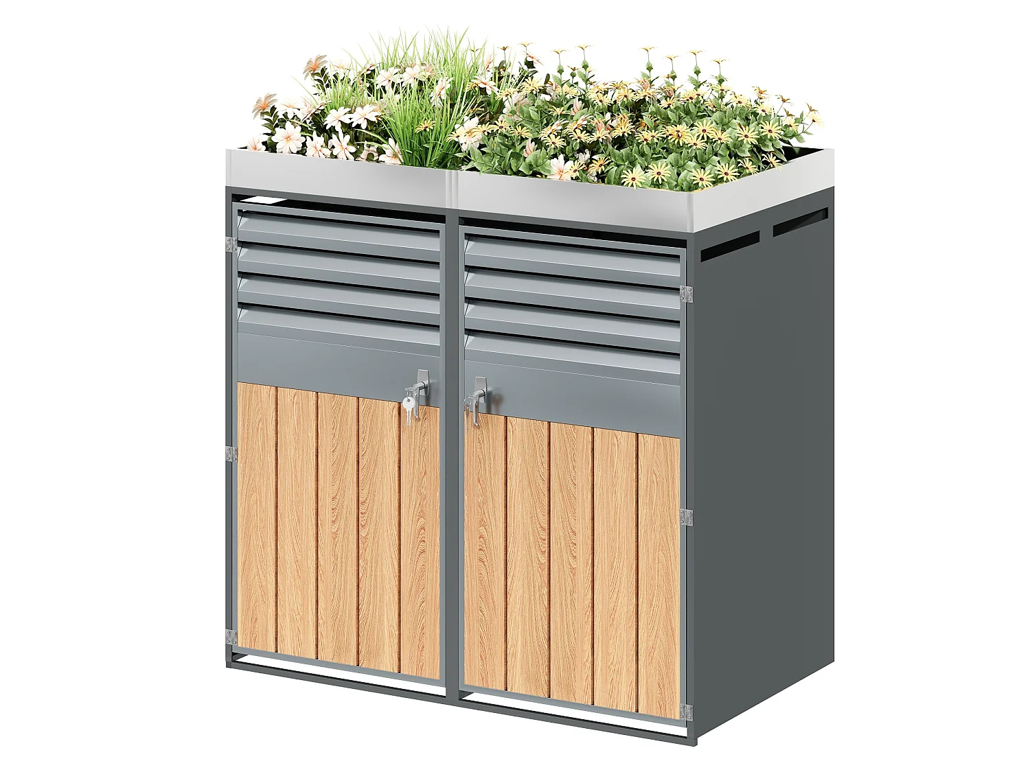 Cache-poubelle double 2x240L avec Jardinière supérieure - Design Persienne ventilé - Acier galvanisé aspect Bois - Verrouillable - Gris