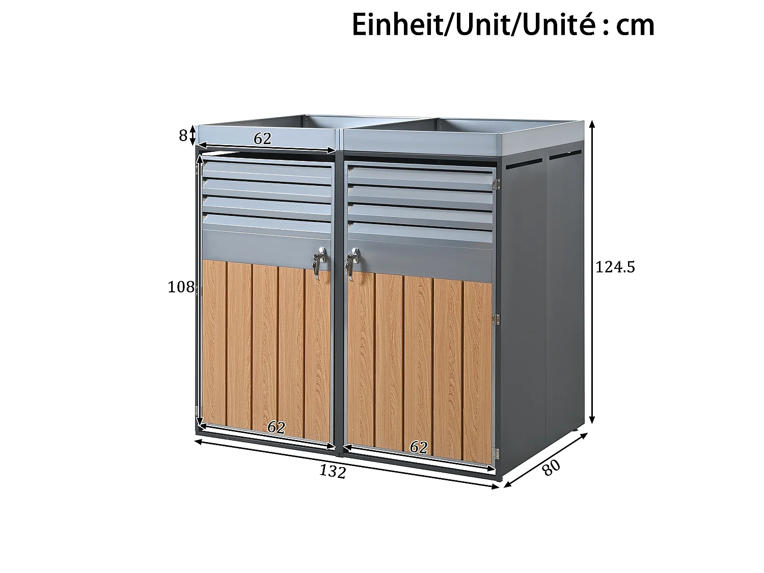 Cache-poubelle double 2x240L avec Jardinière supérieure - Design Persienne ventilé - Acier galvanisé aspect Bois - Verrouillable - Gris