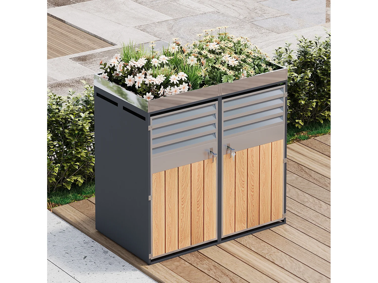 Cache-poubelle double 2x240L avec Jardinière supérieure - Design Persienne ventilé - Acier galvanisé aspect Bois - Verrouillable - Gris