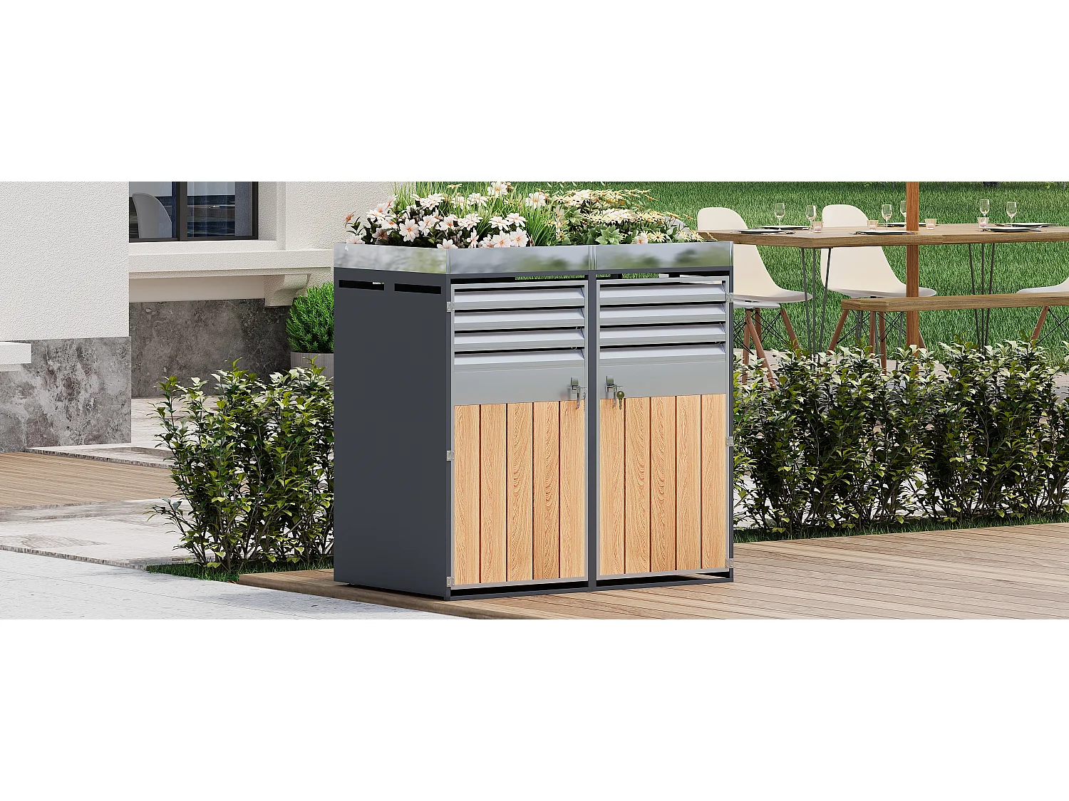Cache-poubelle double 2x240L avec Jardinière supérieure - Design Persienne ventilé - Acier galvanisé aspect Bois - Verrouillable - Gris
