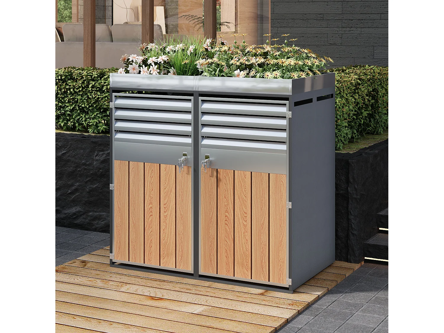 Cache-poubelle double 2x240L avec Jardinière supérieure - Design Persienne ventilé - Acier galvanisé aspect Bois - Verrouillable - Gris