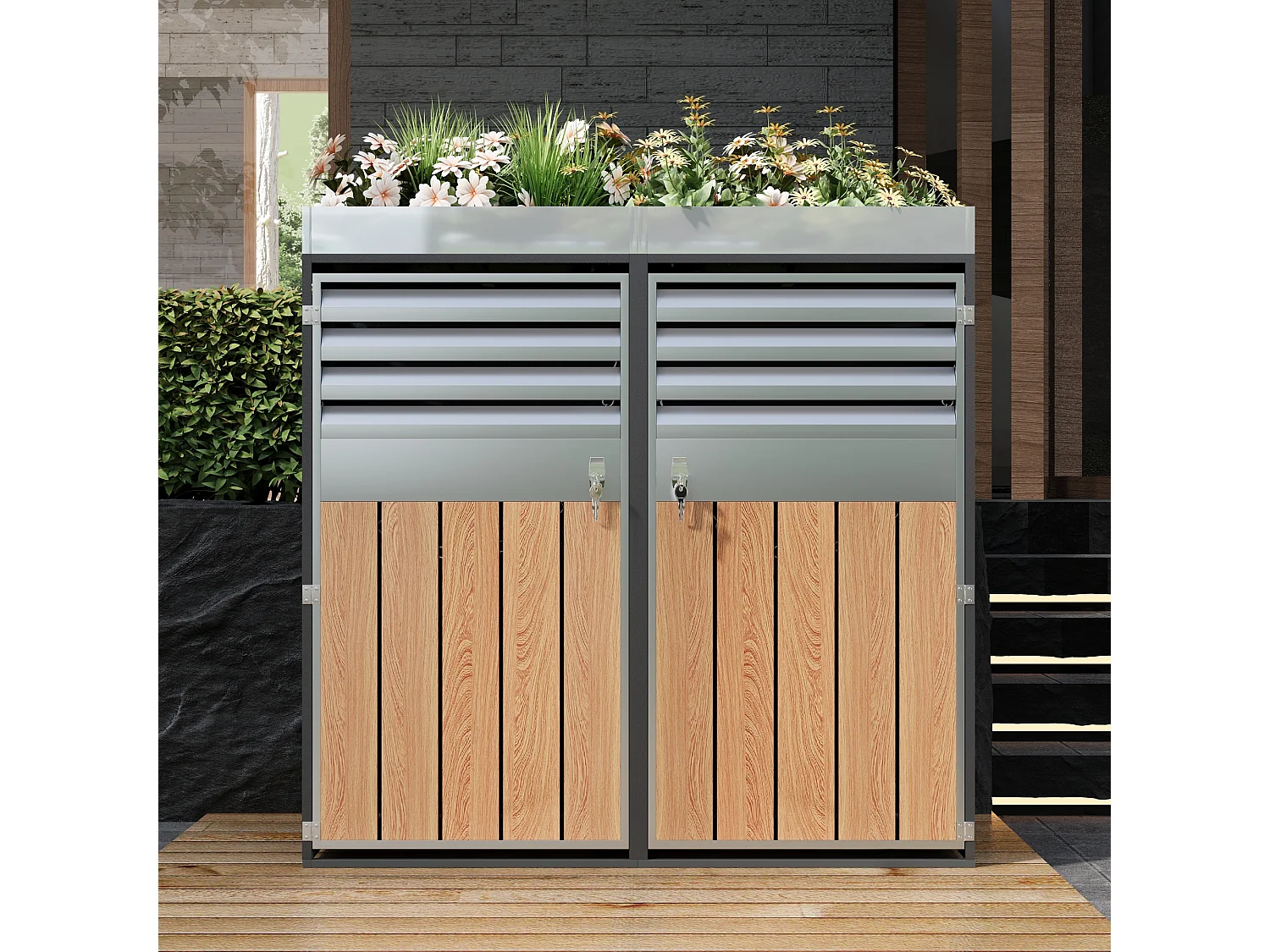 Cache-poubelle double 2x240L avec Jardinière supérieure - Design Persienne ventilé - Acier galvanisé aspect Bois - Verrouillable - Gris