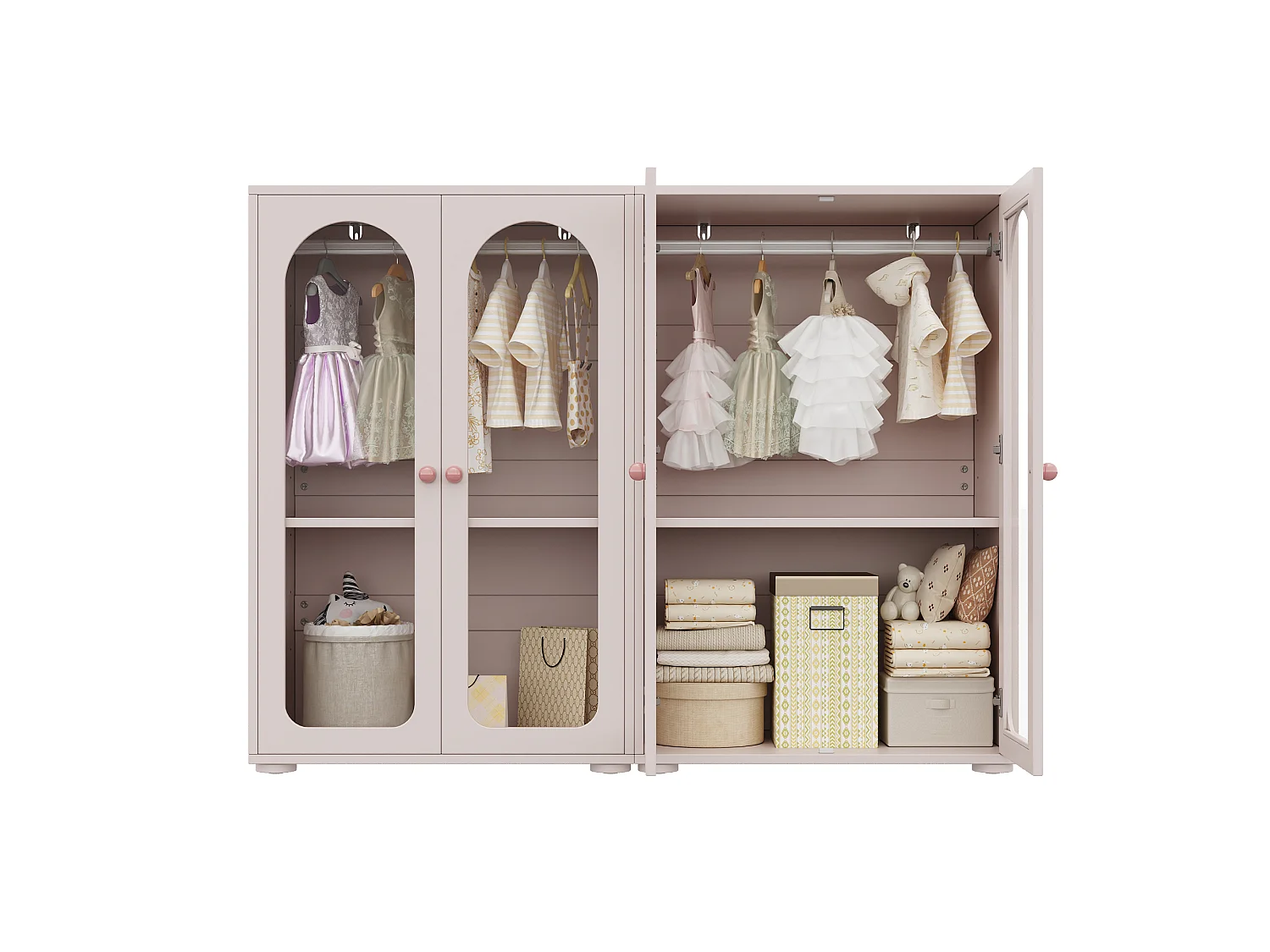 Set di 2 armadi per bambini 160x50x120 cm - Con barra - 4 porte in acrilico - Maniglie in ceramica - Finitura verniciata - Rosa