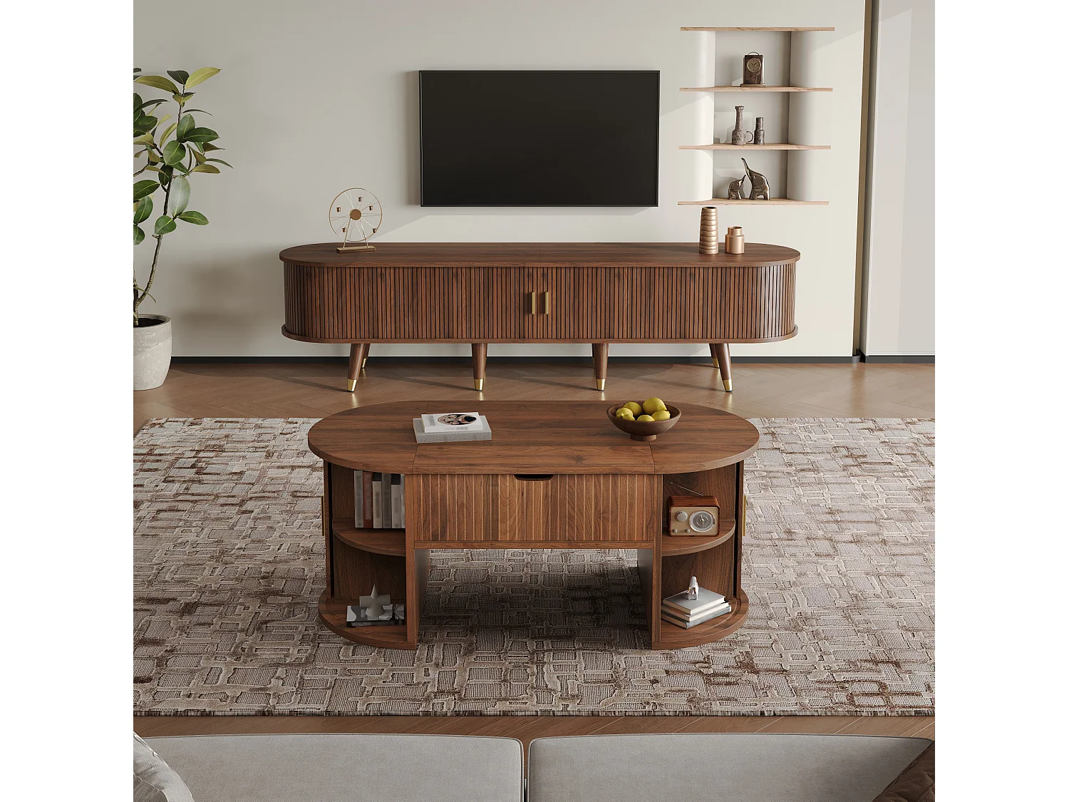 Ensemble meuble de salon 2 pièces - table basse relevable + meuble TV avec portes et tiroirs - MDF - marron