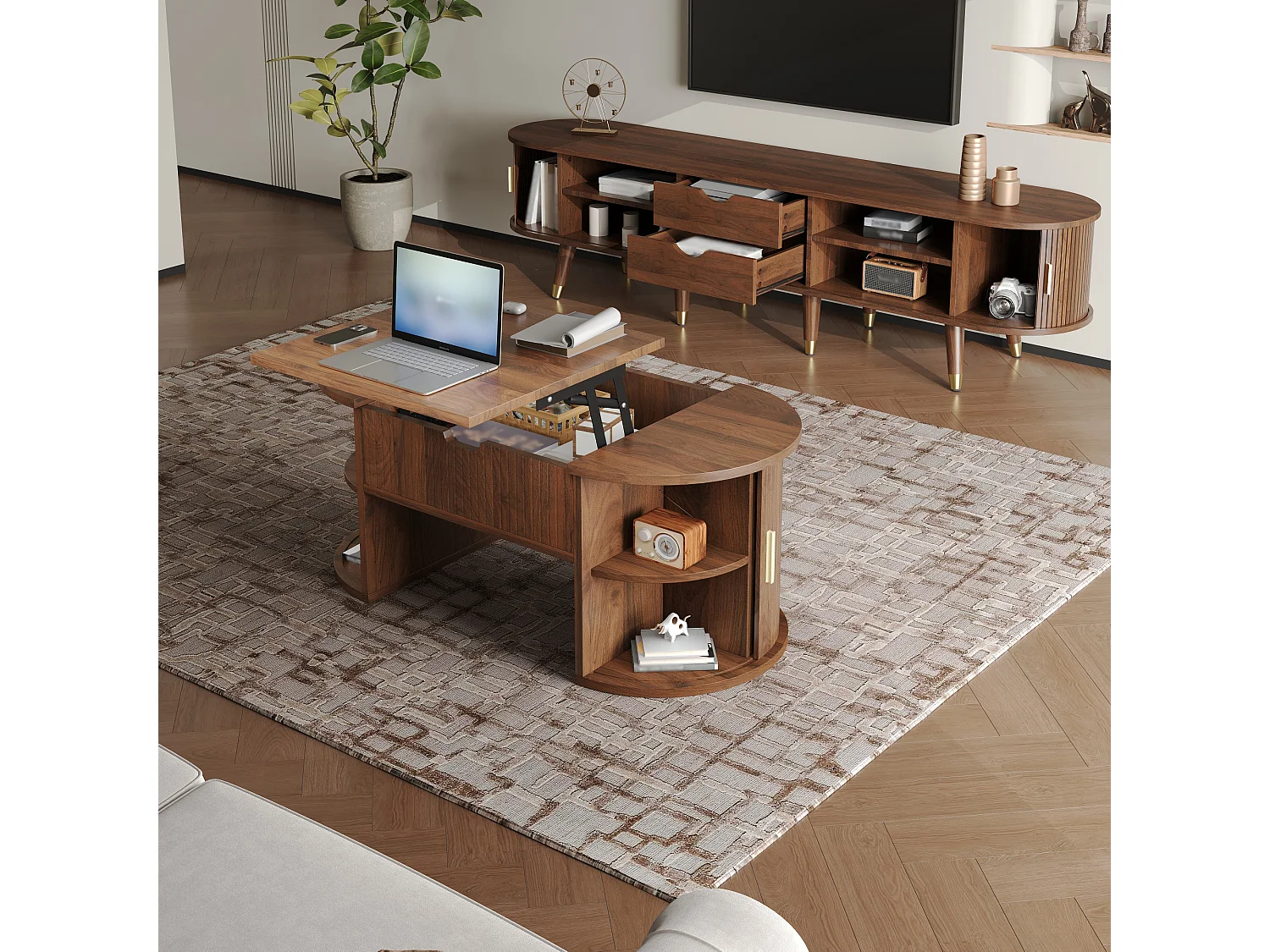Ensemble meuble de salon 2 pièces - table basse relevable + meuble TV avec portes et tiroirs - MDF - marron