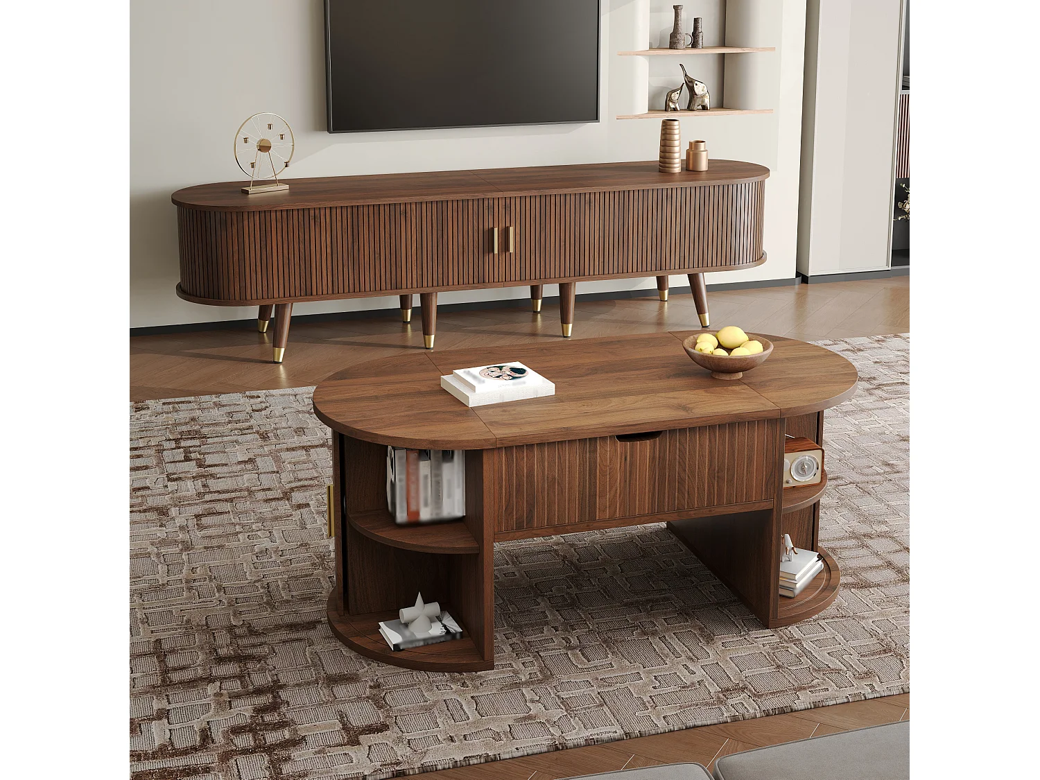 Ensemble meuble de salon 2 pièces - table basse relevable + meuble TV avec portes et tiroirs - MDF - marron