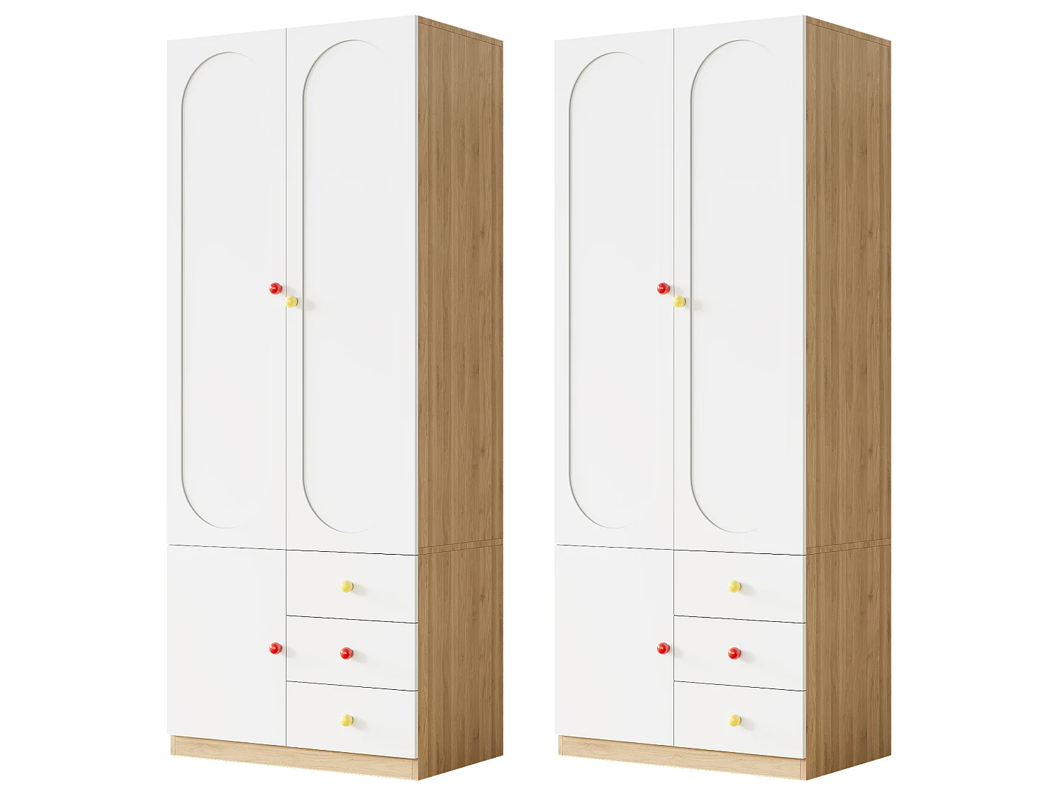 Set di 2 armadi per bambini 80x45x200 cm - Con penderia - 2 porte e 3 cassetti - Maniglie in ceramica - Finitura lucida - Bianco