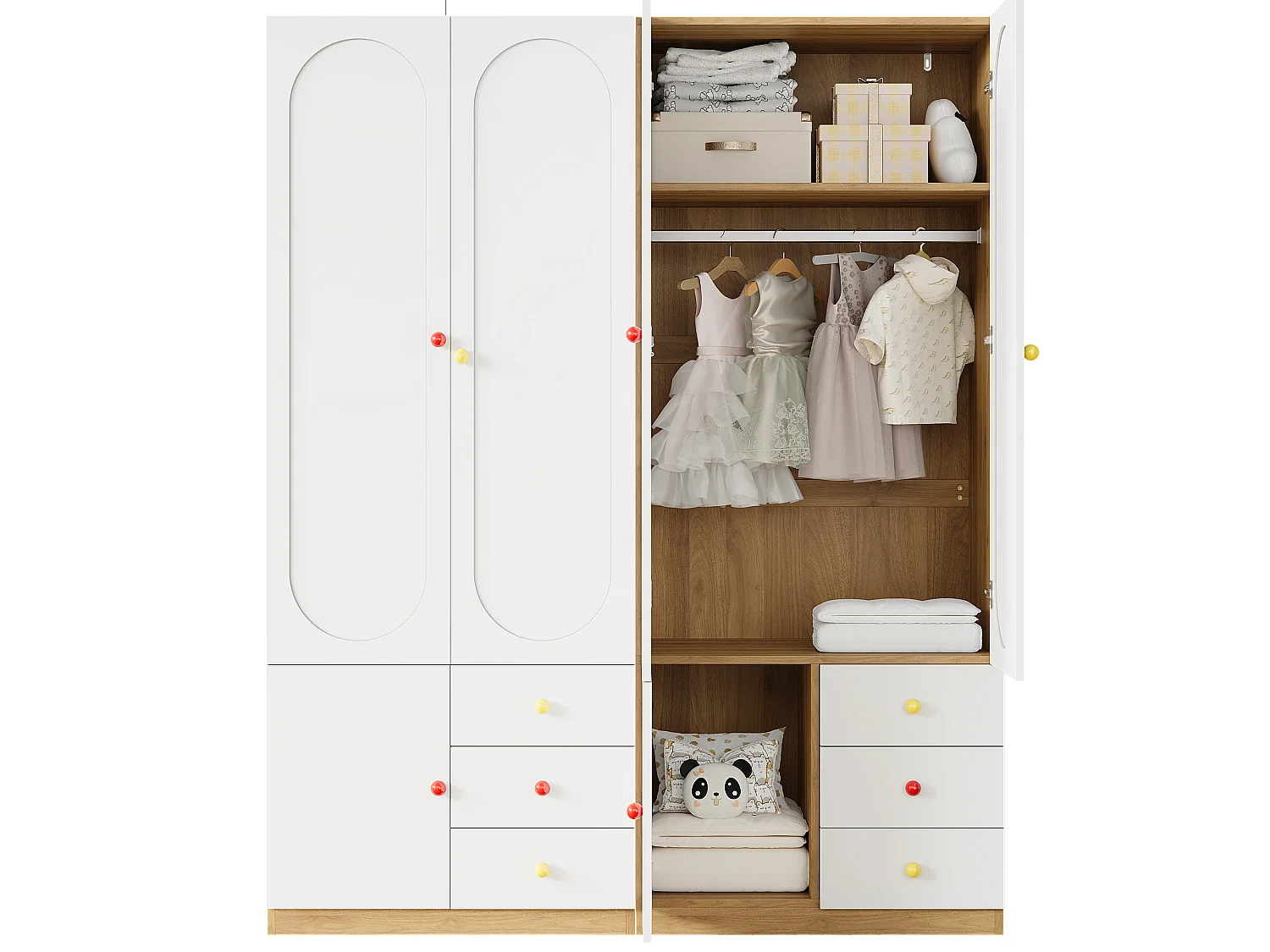 Set di 2 armadi per bambini 80x45x200 cm - Con penderia - 2 porte e 3 cassetti - Maniglie in ceramica - Finitura lucida - Bianco