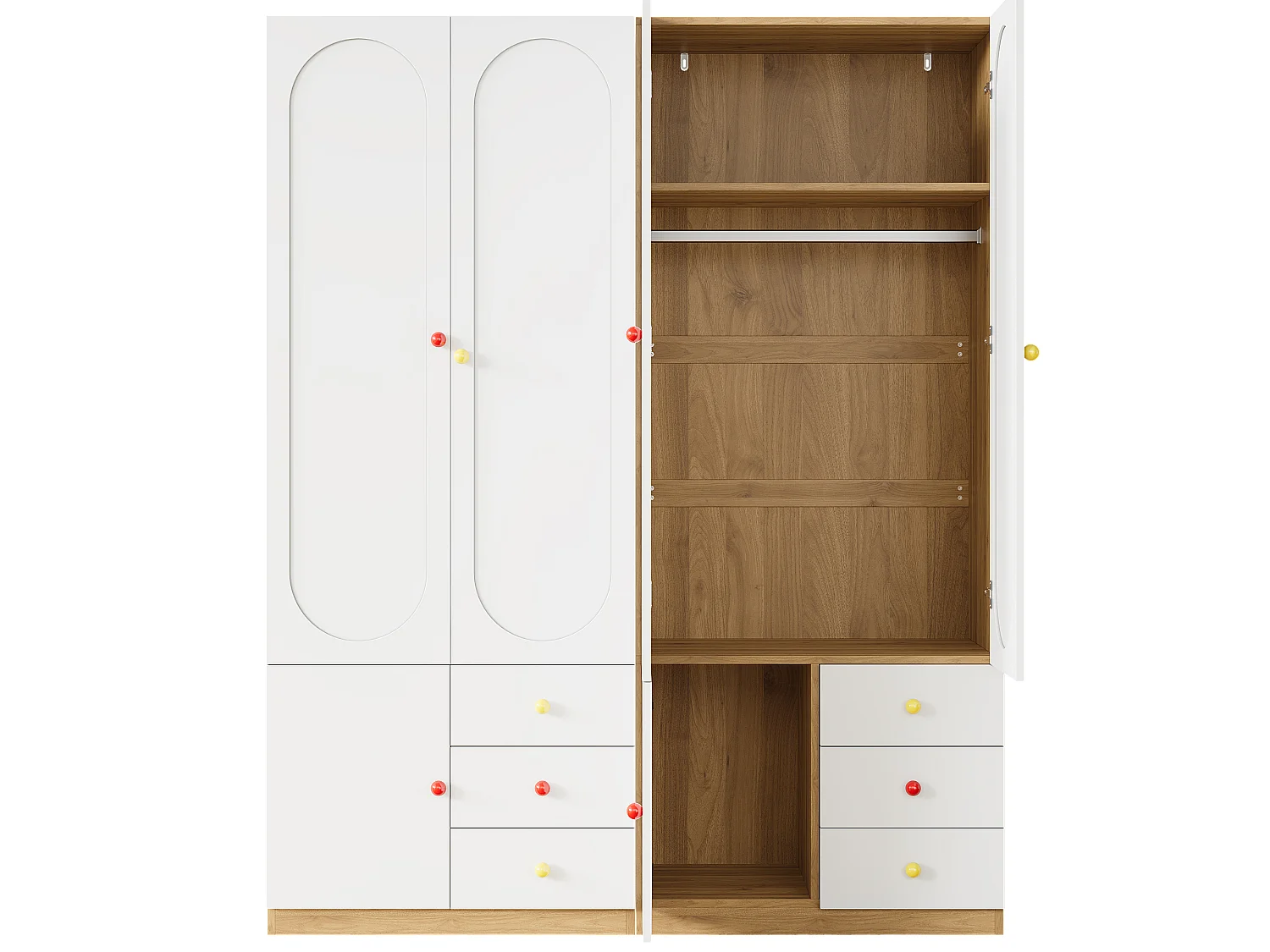 Set di 2 armadi per bambini 80x45x200 cm - Con penderia - 2 porte e 3 cassetti - Maniglie in ceramica - Finitura lucida - Bianco