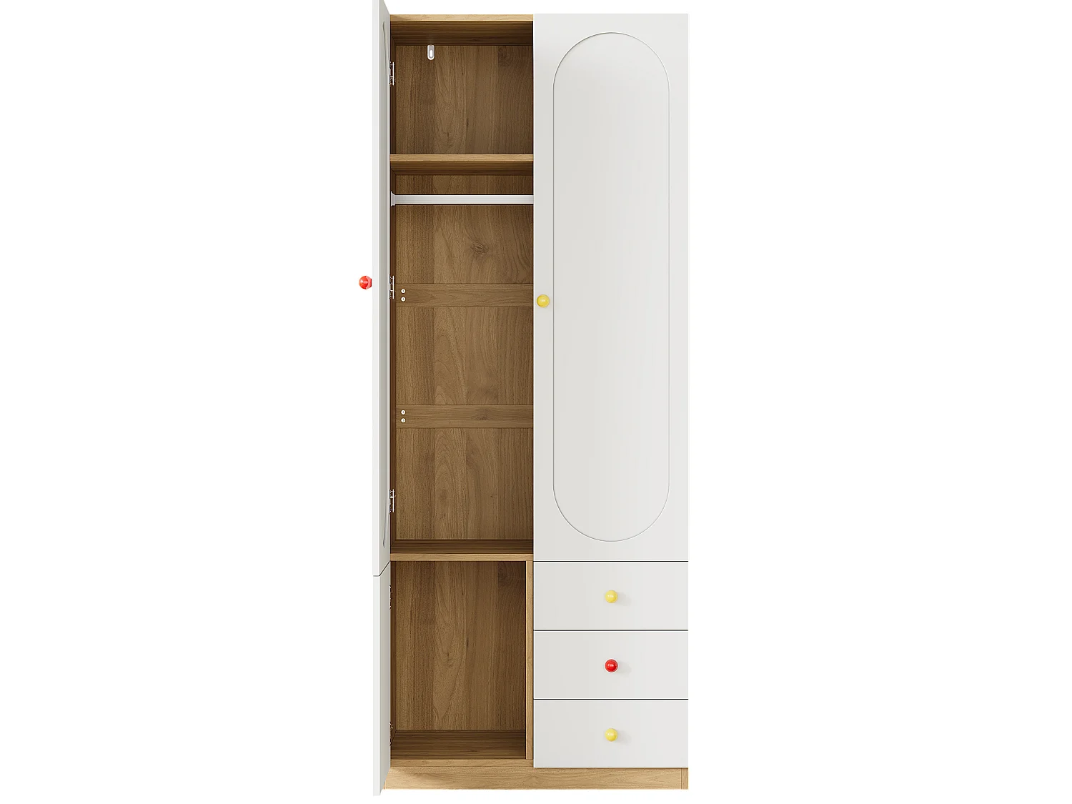 Set di 2 armadi per bambini 80x45x200 cm - Con penderia - 2 porte e 3 cassetti - Maniglie in ceramica - Finitura lucida - Bianco